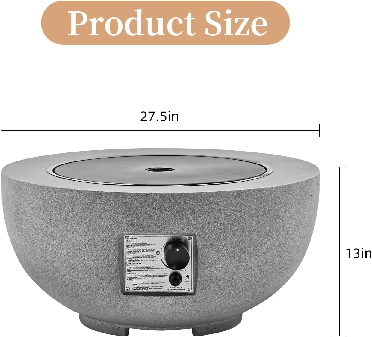 27.5-inch Outdoor Propane Gas Fire Pit Bowl, 50000 BTU Round FirePit Table for Outside Patio, with Metal Lid,Rain Cover & Lave Rocks,Grey