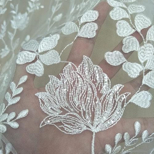 Luxurious Ivory White Tulle Lace Fabric - 51" Wide Embroidered Floral Mesh for Elegant Wedding Dresses, Table Decor, and DIY Creations (3 Yard) 3 Luxurious Ivory White Tulle Lace Fabric - 51" Wide Embroidered Floral Mesh for Elegant Wedding Dresses, Table Decor, and DIY Creations (3 Yard) - Image 2