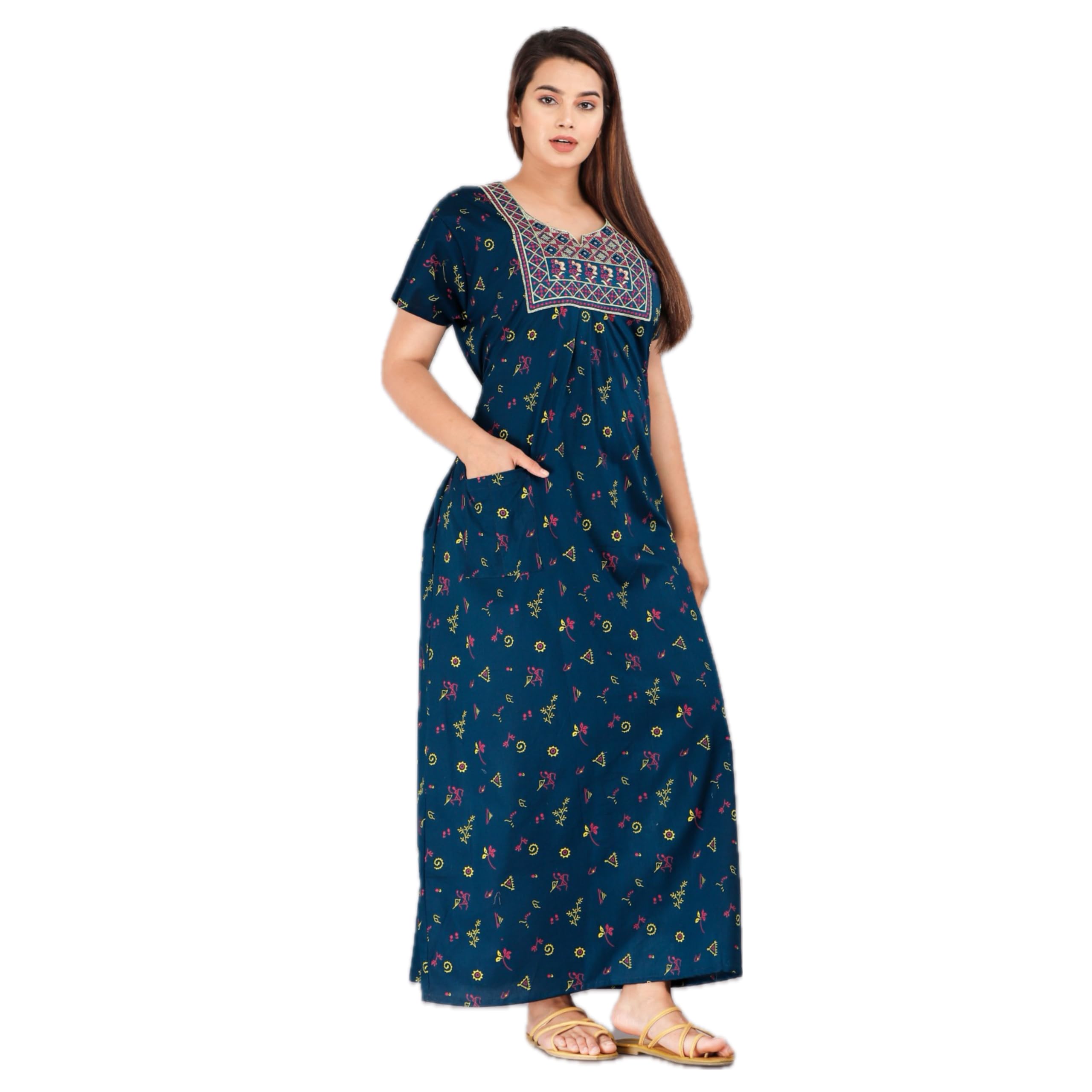 Deepali creationCotton Embroidery Nighty for Womens/Girls Regular Nighty Rajasthani Nighty Gown Jaipuri Nighty Jaipuri Gown Maxi Gown