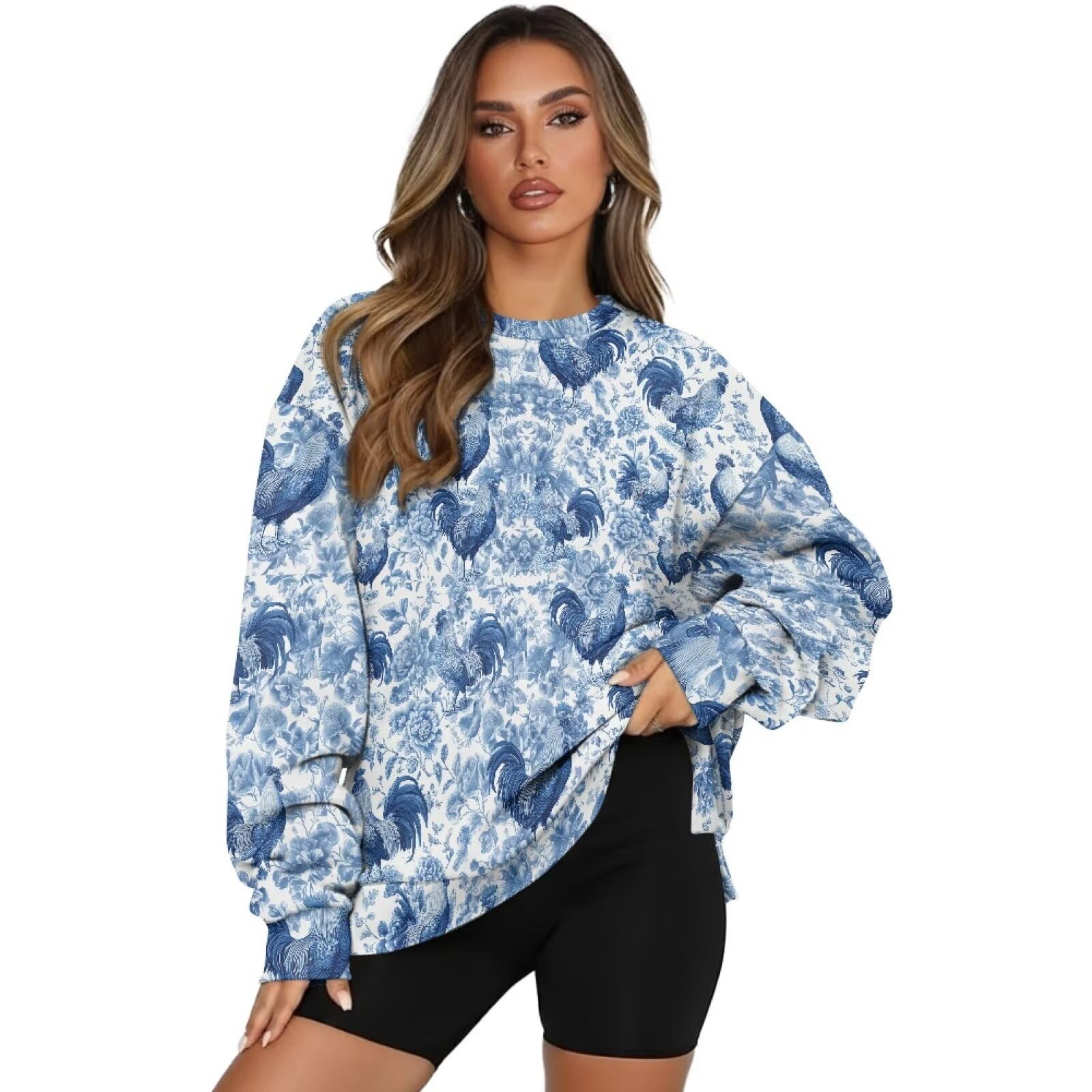 Bluzy damskie z okrągłym dekoltem topy z długim rękawem oversize modny sweter z kieszeniami
