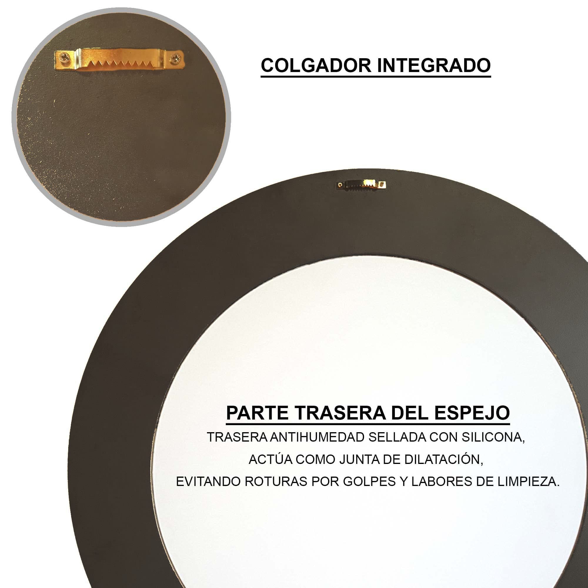 Espejo Redondo de Pared Trento Natural con Relieve, Ancho 10cm, 60x60 cm | Artesanal, Madera MDF de 12 mm, Espejo 4 mm, Fabricado en España