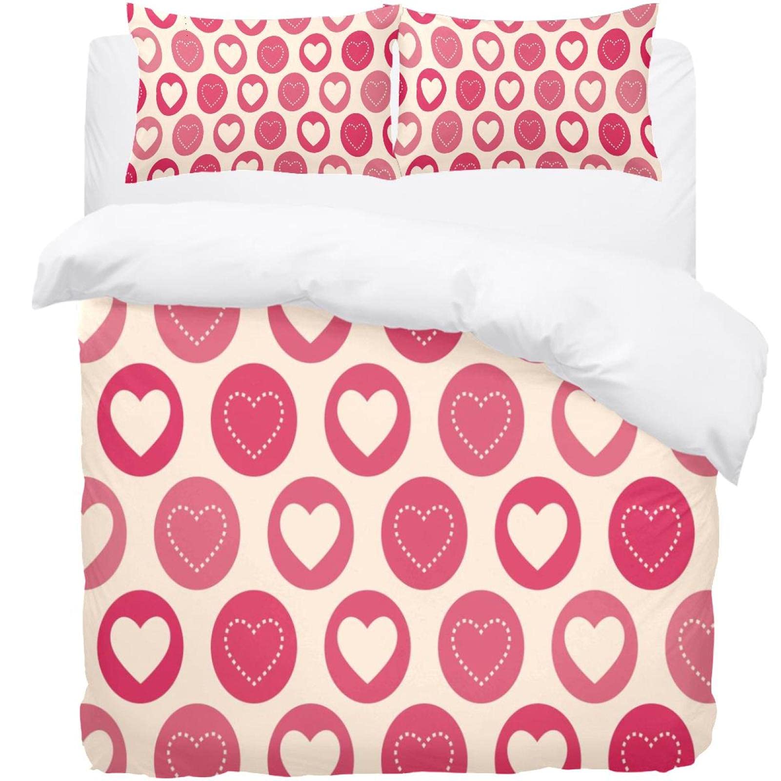 Parure de lit housse de couette 2 taies motif géométrique cœurs rose grand lit Queen et King size