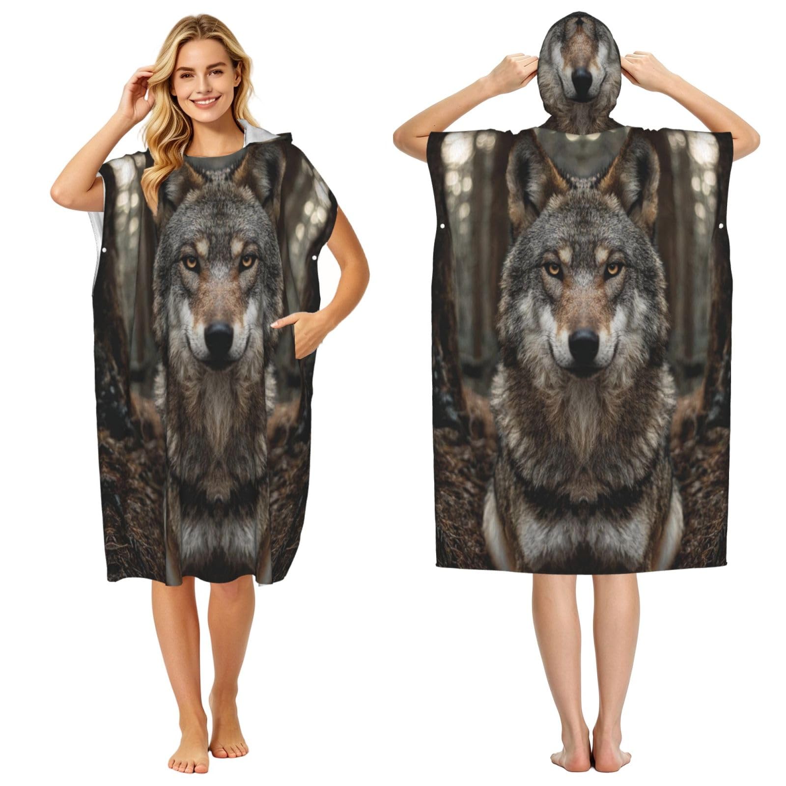 KLGRTJHK Wolves In The Forest Adult Hooded Beach Poncho Towel 43"X35"