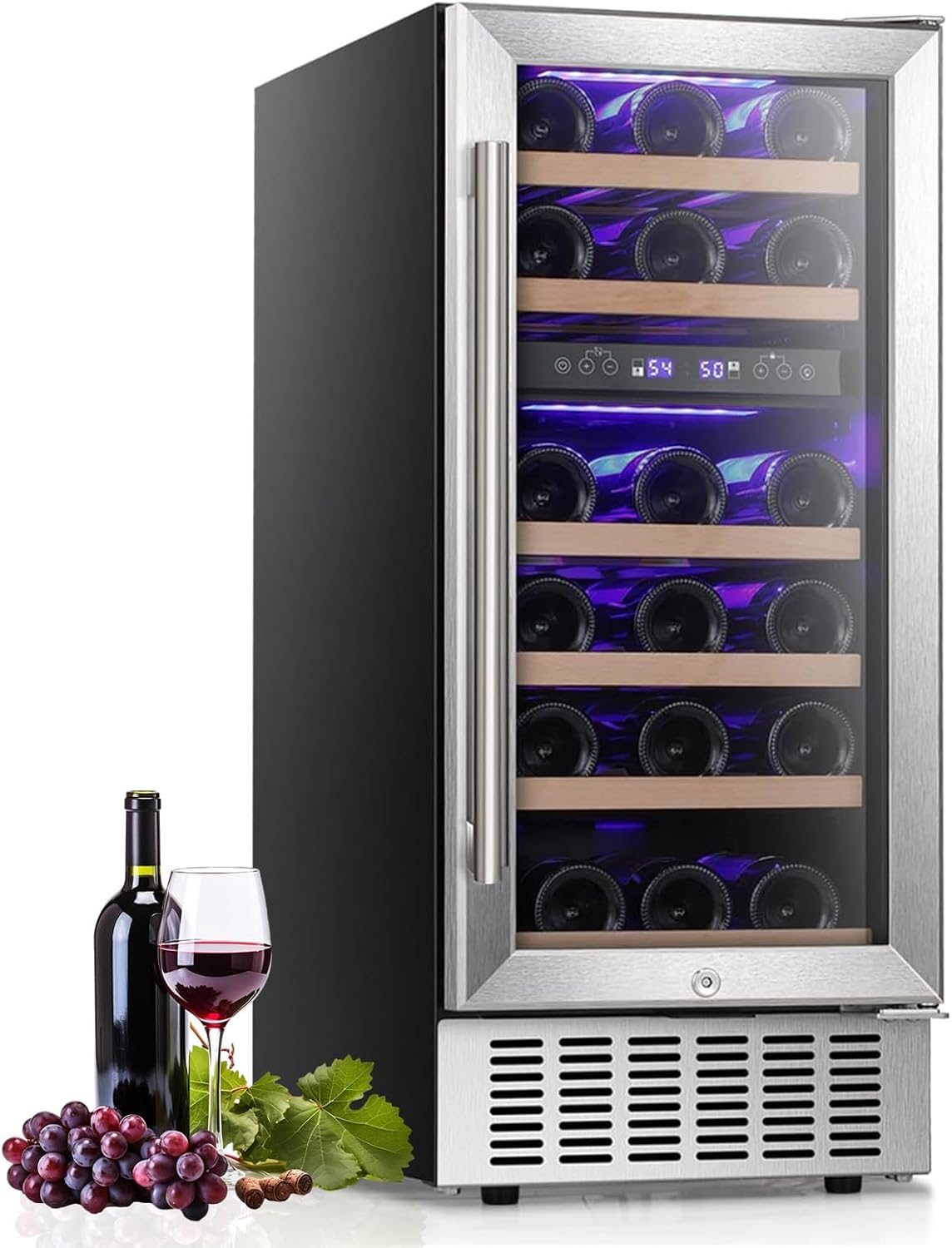 Wine Cooler Refrigerator with Double-Layer Tempered Glass Door,28 Bottles Wine Fridge (41-68°F) with Safety lock LED light, Freestanding Wine Refrigerator for Home Office