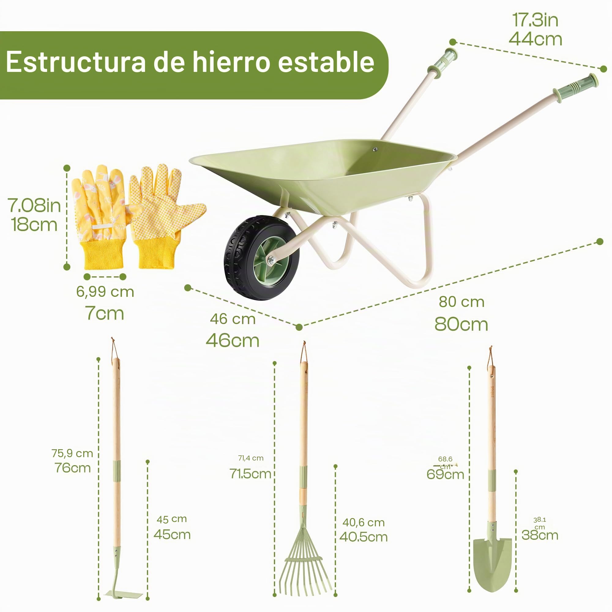 ROBUD Juego de jardinería con carretilla para niños, 6 piezas herramientas de jardín a partir de 3 años