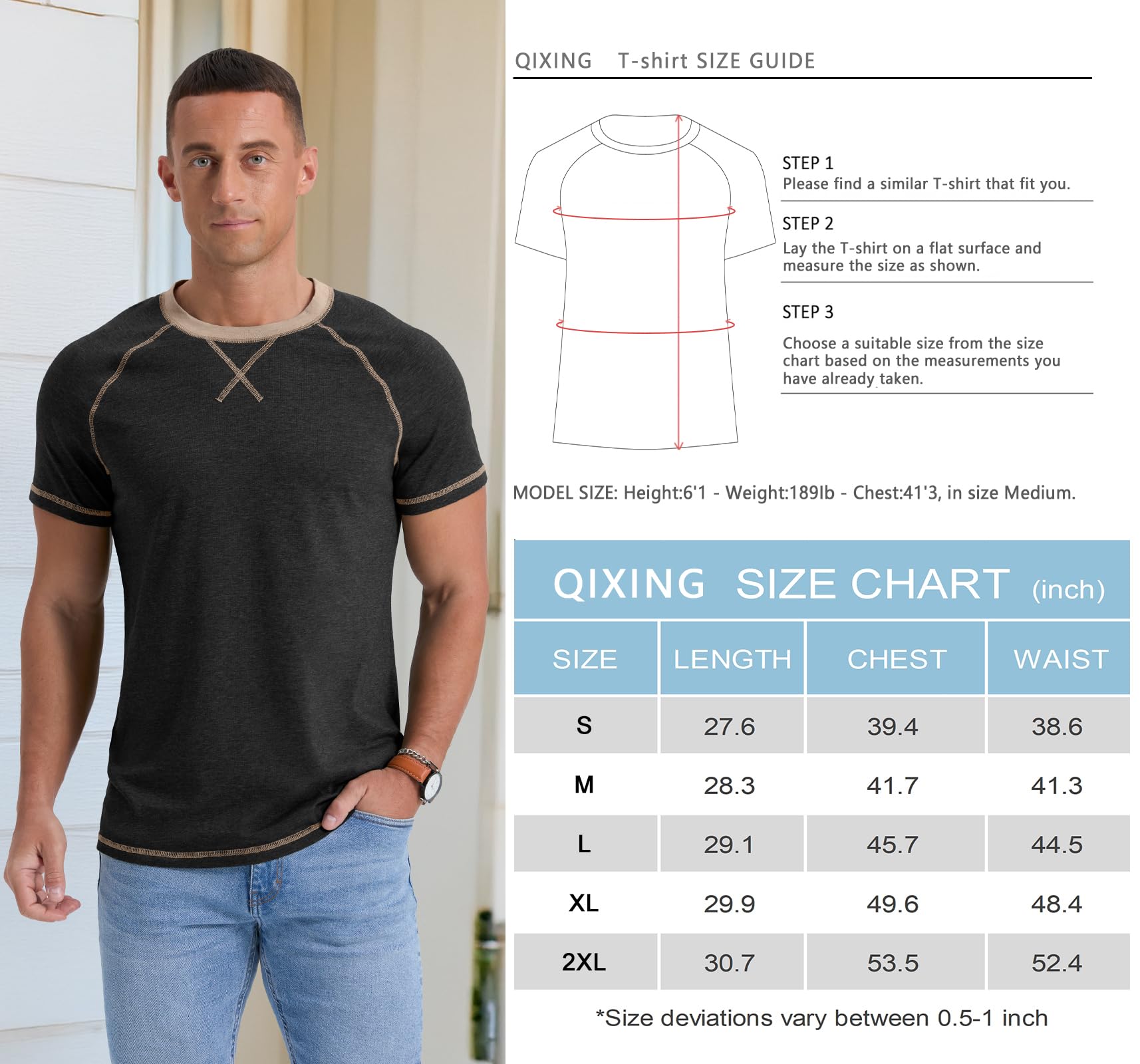 QIXING Męski T-shirt z bawełny, z krótkim rękawem, okrągły dekolt, na lato, lekki, regularny krój, oddychający, na co dzień