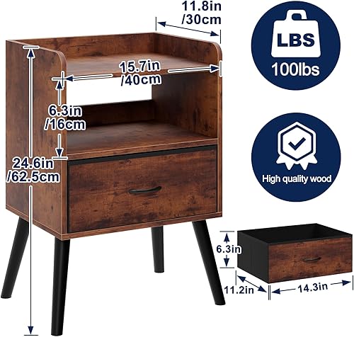 Miniatura 3 de Mesita de noche con estante abierto, mesita de noche con cajón, mesa auxiliar de almacenamiento, mesita de noche con pies de madera maciza, mesitas
