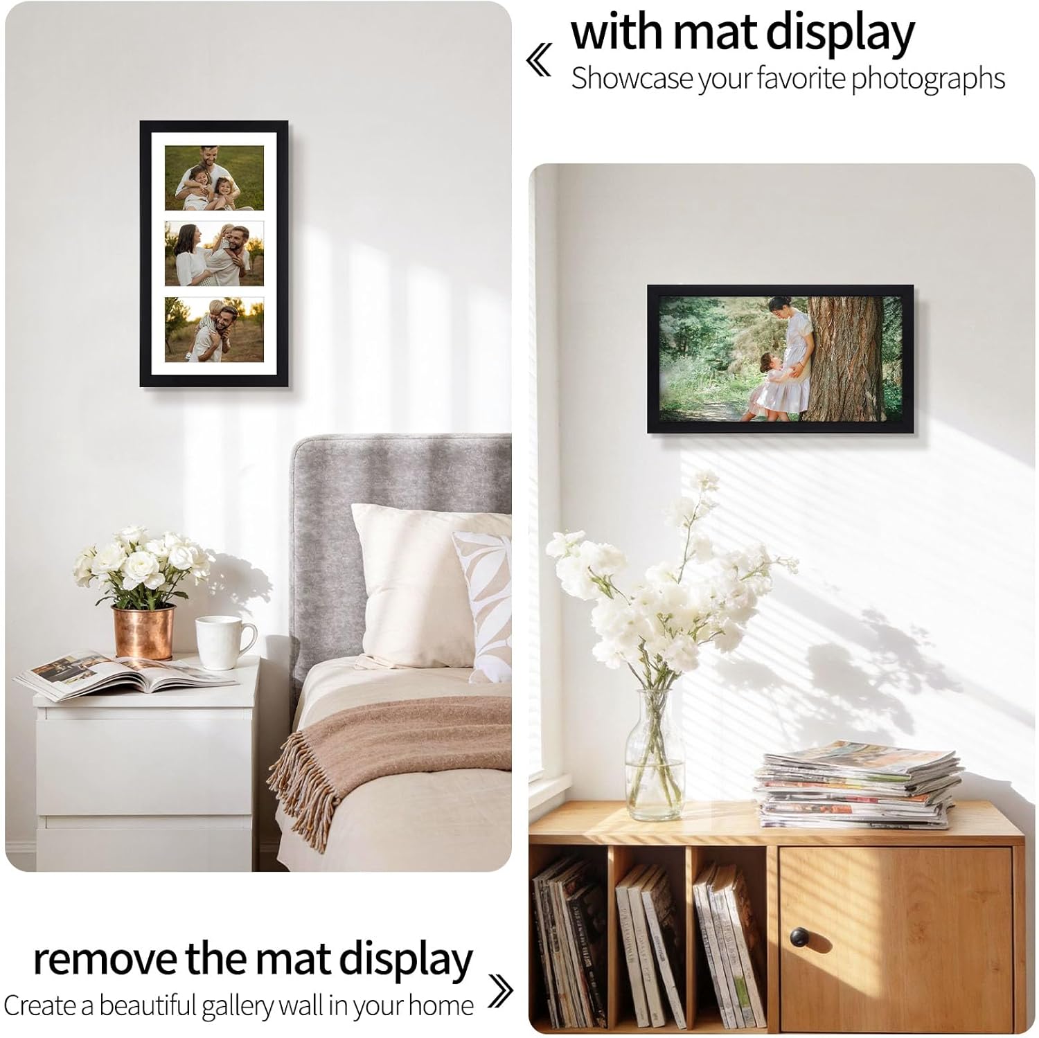 Golden State Art, 5x7 Collage Picture Frame, Fit Three 5x7 Photos, Solid Wood with Real Glass, Horizontal Vertical for Wall Mounting, 1 Pack, Black