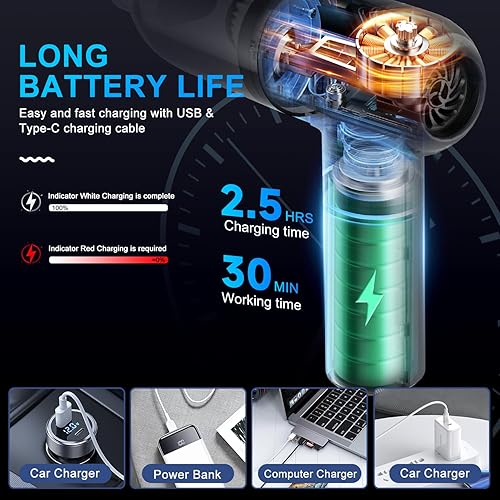 Miniatura 5 de KMM Aspiradora de mano para automóvil, aspiradora 4 en 1, 16000 Pa, aspirador de aire de 3 velocidades ajustable de 120 W de alta potencia con luz