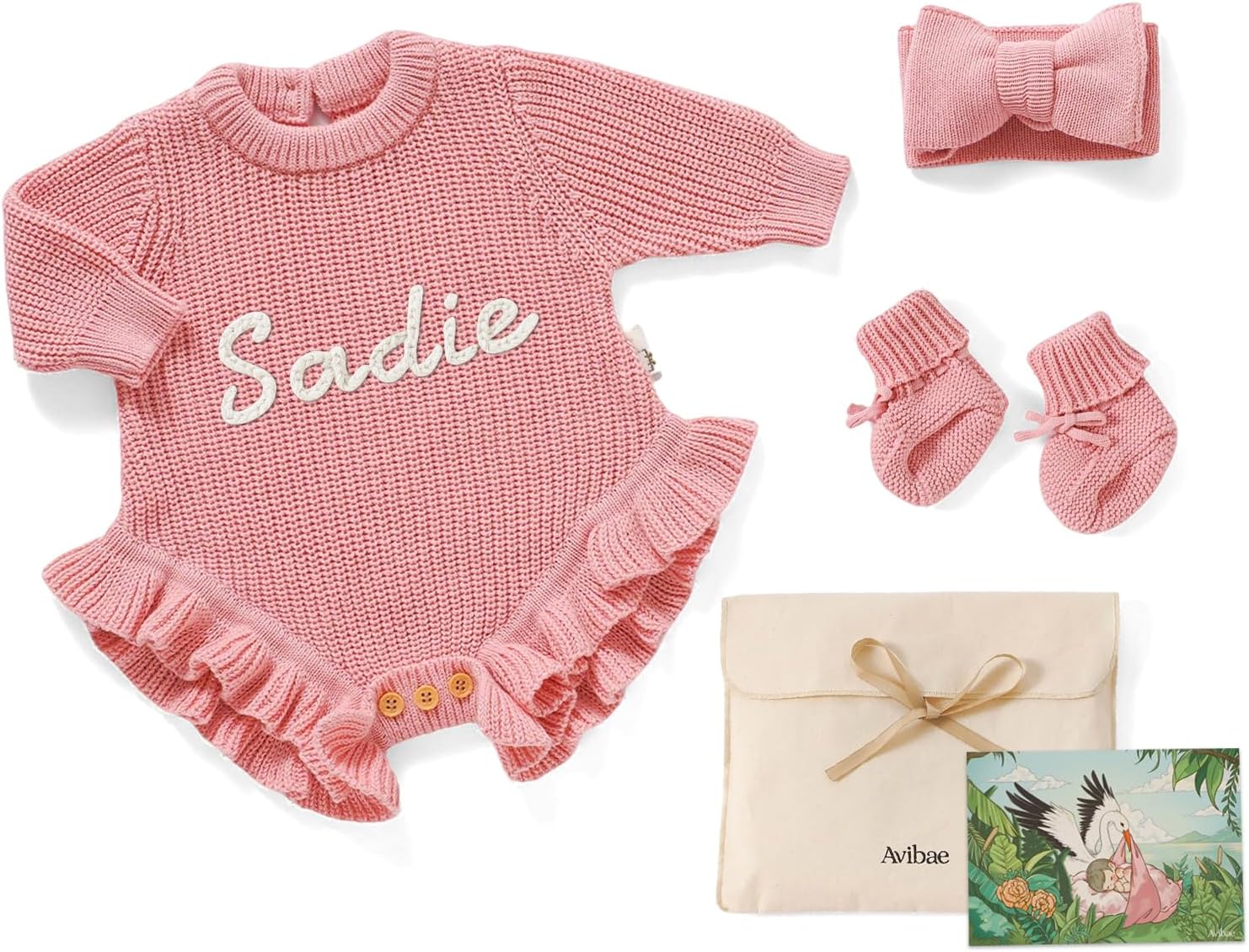 Avibae Cotton Newborns Set with Knit Sweater, Hair Band, Booties for Baby Girls, Warm Cute Infant 3 Piece Set