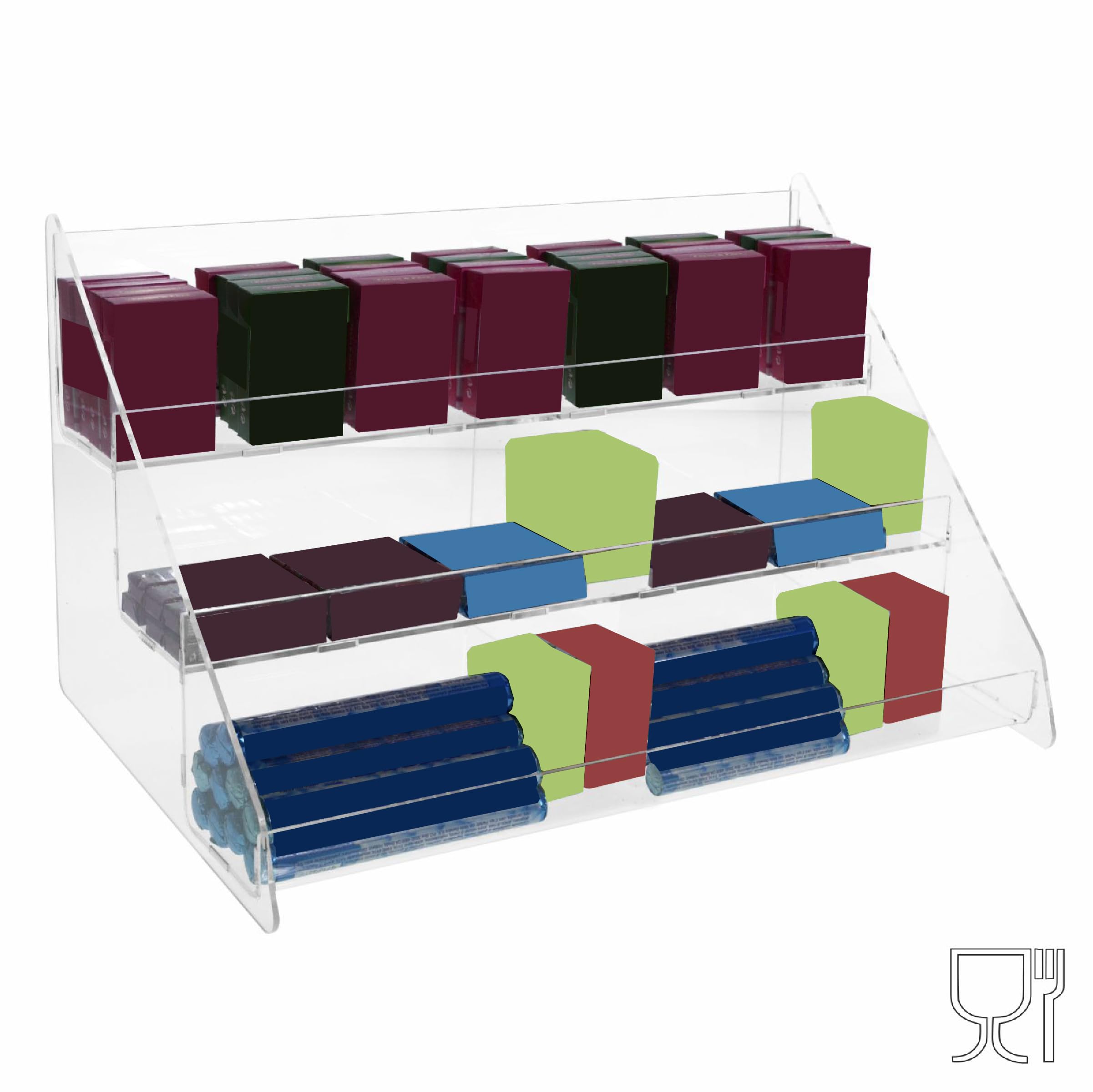 Porta Caramelle confezionate da banco in plexiglass Trasparente a 3 Ripiani Misure: 46x29x H25.5 cm