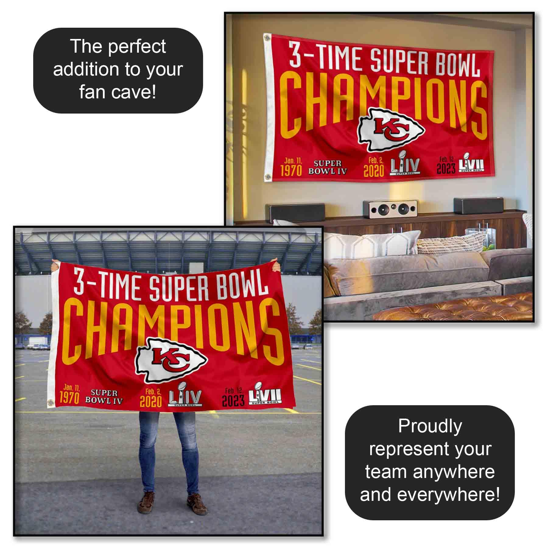 Kansas City Chiefs 3X and 3 Time Super Bowl Champions Flag Outdoor Indoor 3x5 Foot Banner