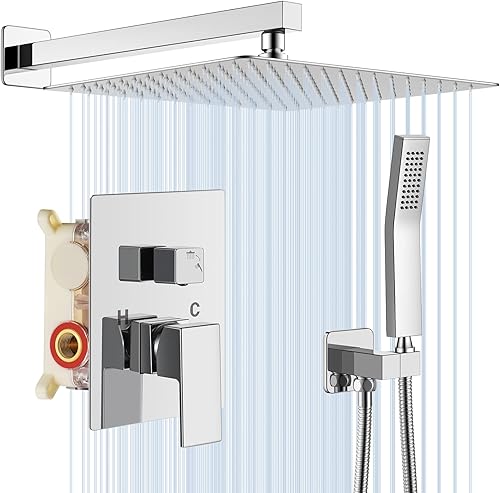 Miniatura 18 de NERDON Sistema de ducha, juego de grifo de ducha dorado cepillado de 12 pulgadas con lluvia de mano, juego completo de grifos de ducha montados