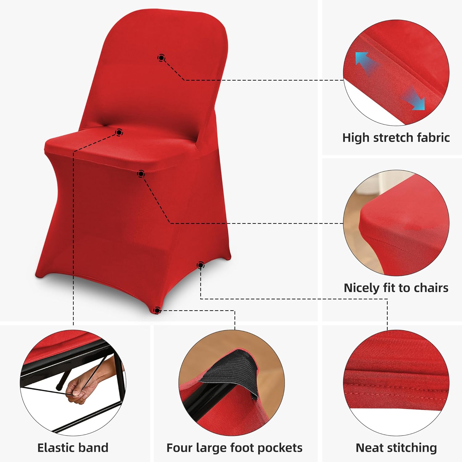 10 Packs Red Spandex Stretch Folding Chair Covers for Wedding Party,Universal Fitted Washable Dining Seat Slipcovers Protector Decoration for Holiday Banquet Birthday Celebration Event