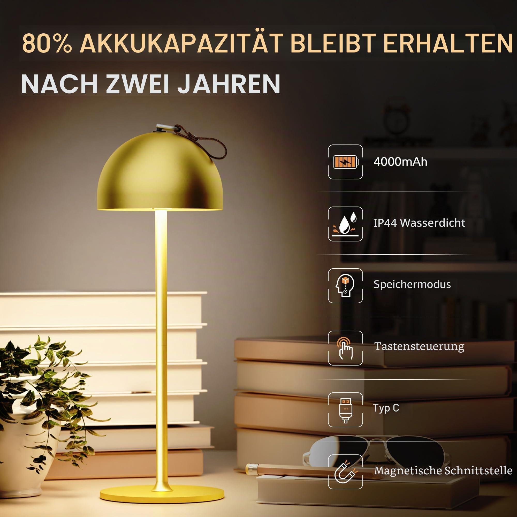 DEELUX 2 Stück Akku Tischlampe Kabellos Dimmbar,3000K Metall IP44 Gold | IP44 Wasserdicht USB-C Metall Akku Tischleuchte Warmweiß 3000K Höhenverstellbar für Restaurant, Schlafzimmer, Büro,Garten