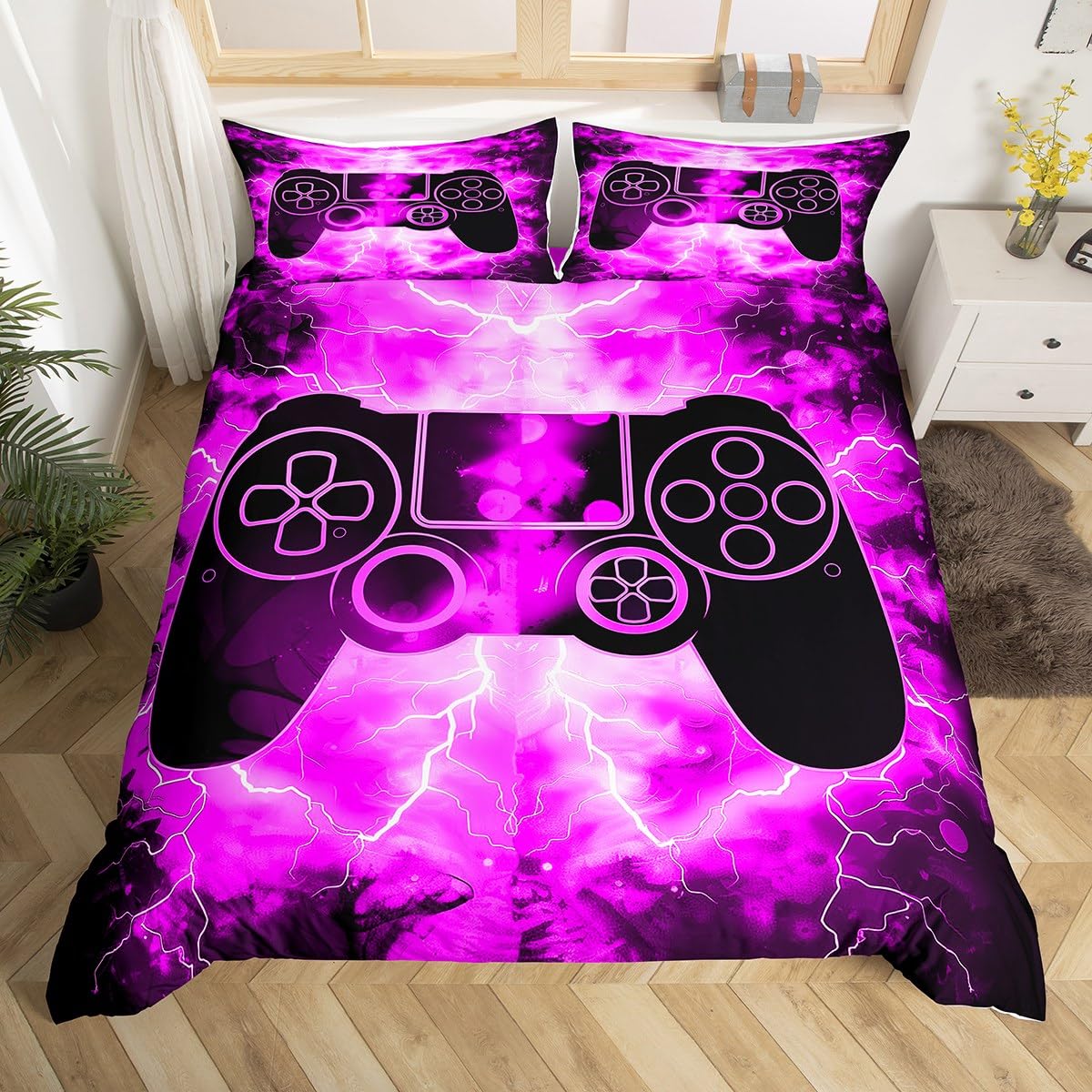 Homemissing Kids Boys Gaming Duvet Cover Set Cot Size For Teens Children Lightnings Gamepad Bedding Set Gamer Room Decor Duvet Cover with 1 Pillowcase Modern Gaming Purple Bed Sets — image 1