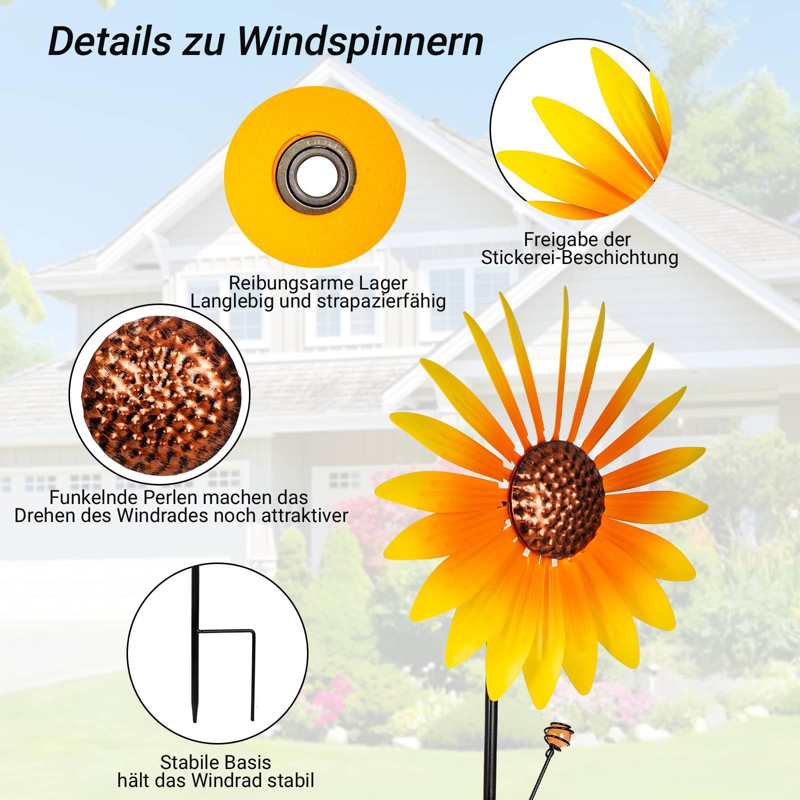 pearlstar Sonnenblume Windrad Metall, 2er-Pack Windspiel Garten Mit Metallpfahl, 94cmx25cm Windspinner Gartendeko Für Draußen Balkon Terrasse Rasen
