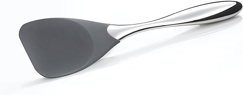 Nambé - Espátula Curvo de 12 pulgadas, mango de acero inoxidable con cabezal ancho de silicona para mezclar, recoger y hornear, utensilio de cocina