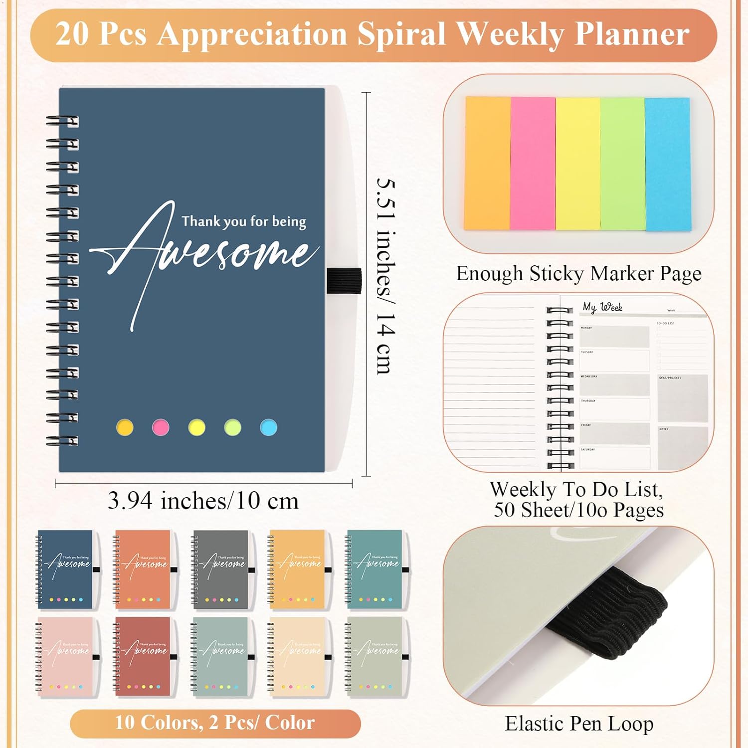 20 Sets Employee Appreciation Gift Bulk for Nurse Teacher Thank You Being Awesome Weekly Planner Notebook Pen Sticky for Staff Admin Professional Volunteer Coworker Graduation (Plastic,Bright Colors)