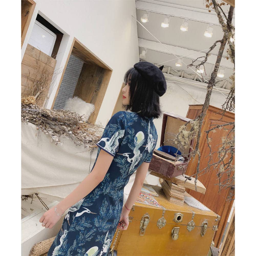 Abito Cheongsam Migliorato,Abito Cheongsam Blu Navy retrò Maniche Corte Mini Abito Sexy Orientale Giapponese Gru Qipao Elegante Abito da Cocktail Aderente Abito da Sera Etnico per Ragazze Donne