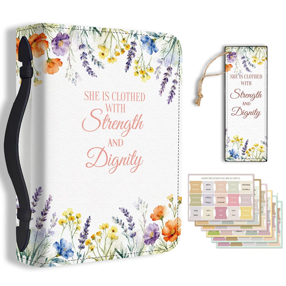 Hobbspring Wildflowers Bible Cover Case for Women Lavender Colorful Flowers Bible Cover with Bookmark Durable Carrying Book Cases with Handle and Zipper PU Leather Bag for Adults Students(Purple)