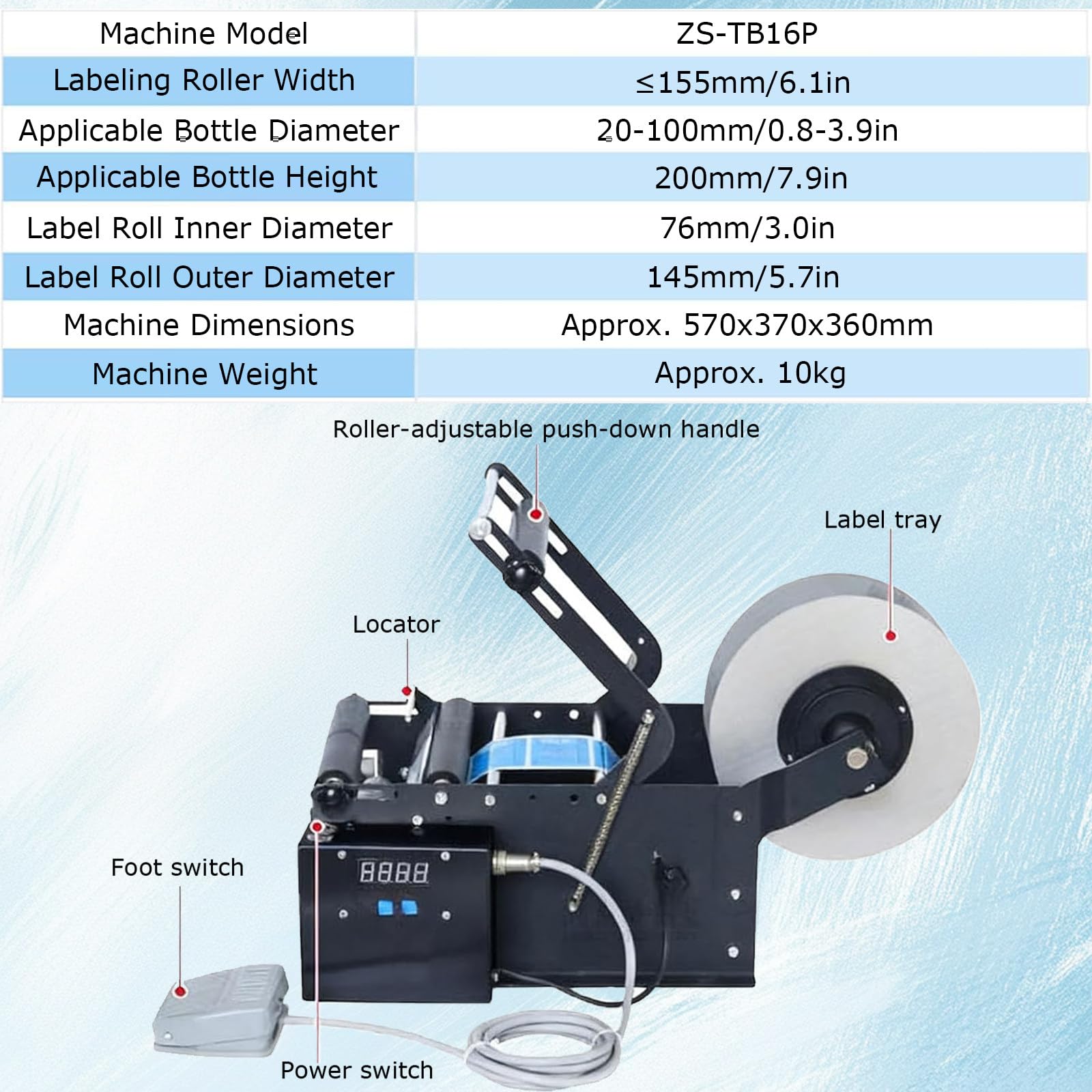 Półautomatyczna etykieciarka do butelek okrągłych, elektryczny aplikator etykiet do butelek o mocy 100 W z przyciskami, etykieciarka do butelek o średnicy 15-130 mm, do etykietowania małych TB16P