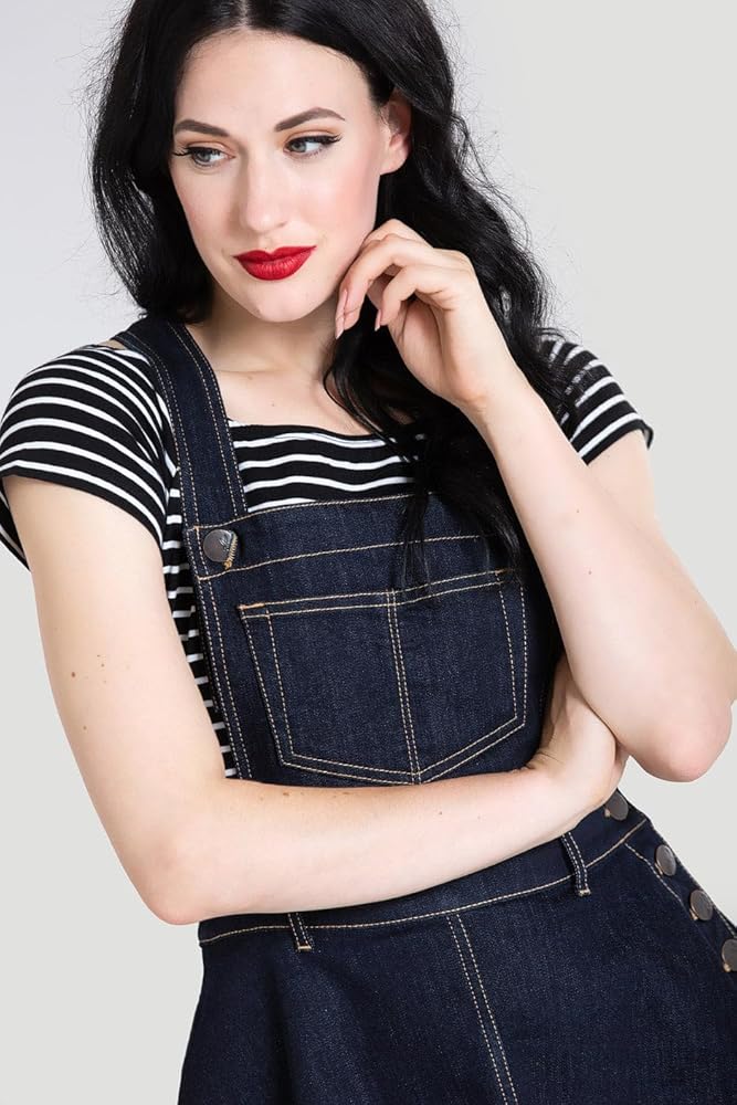 Hell Bunny Dakota Denim Pinafore Dress (X-Small, Blue) at