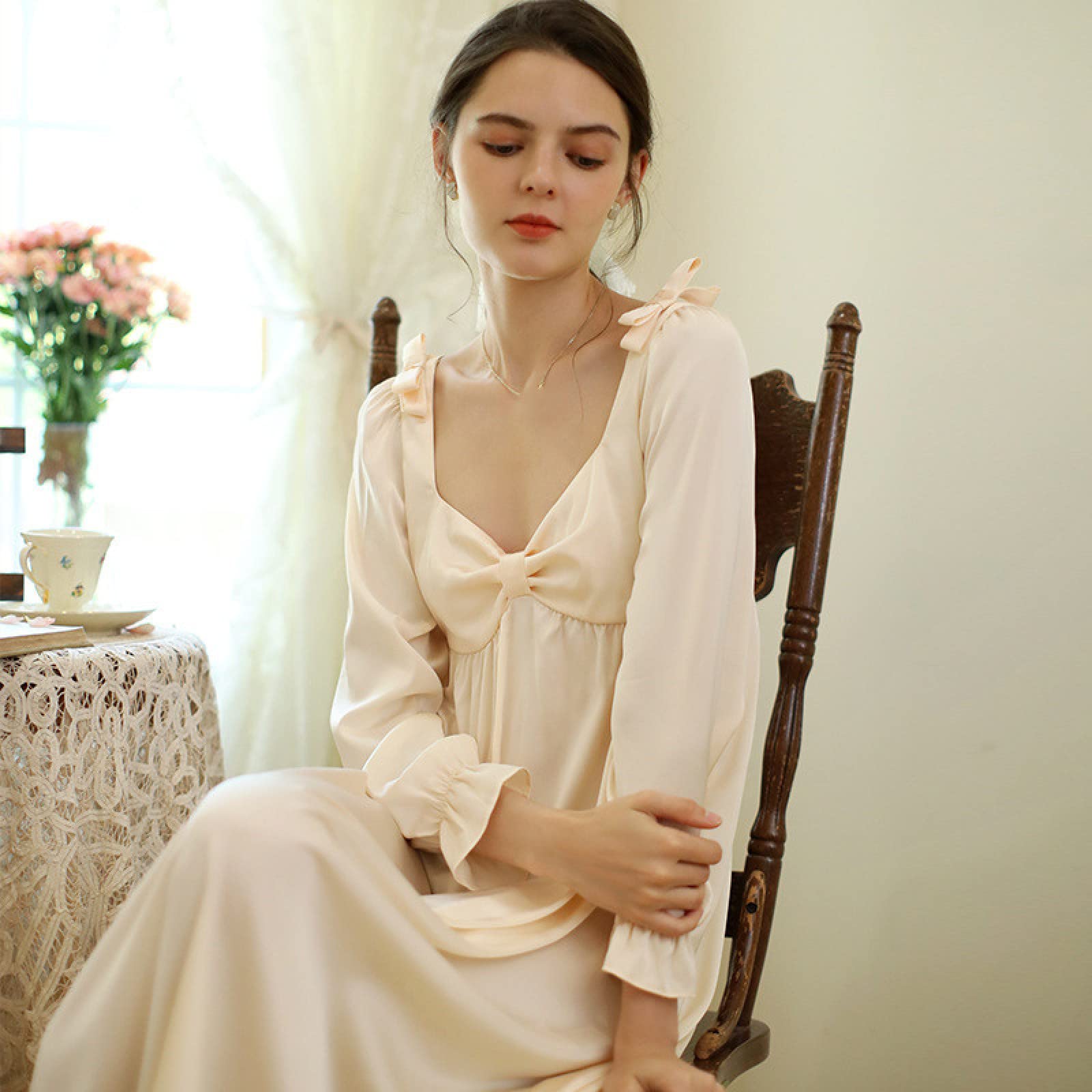 OFFSUM Camisón De Pijama De Mujer - Camisón De Seda Elegante con Cuello En V para Primavera Y Otoño Camisón Vintage De Princesa con Lazo Dulce Ropa De Salón De Talla Grande