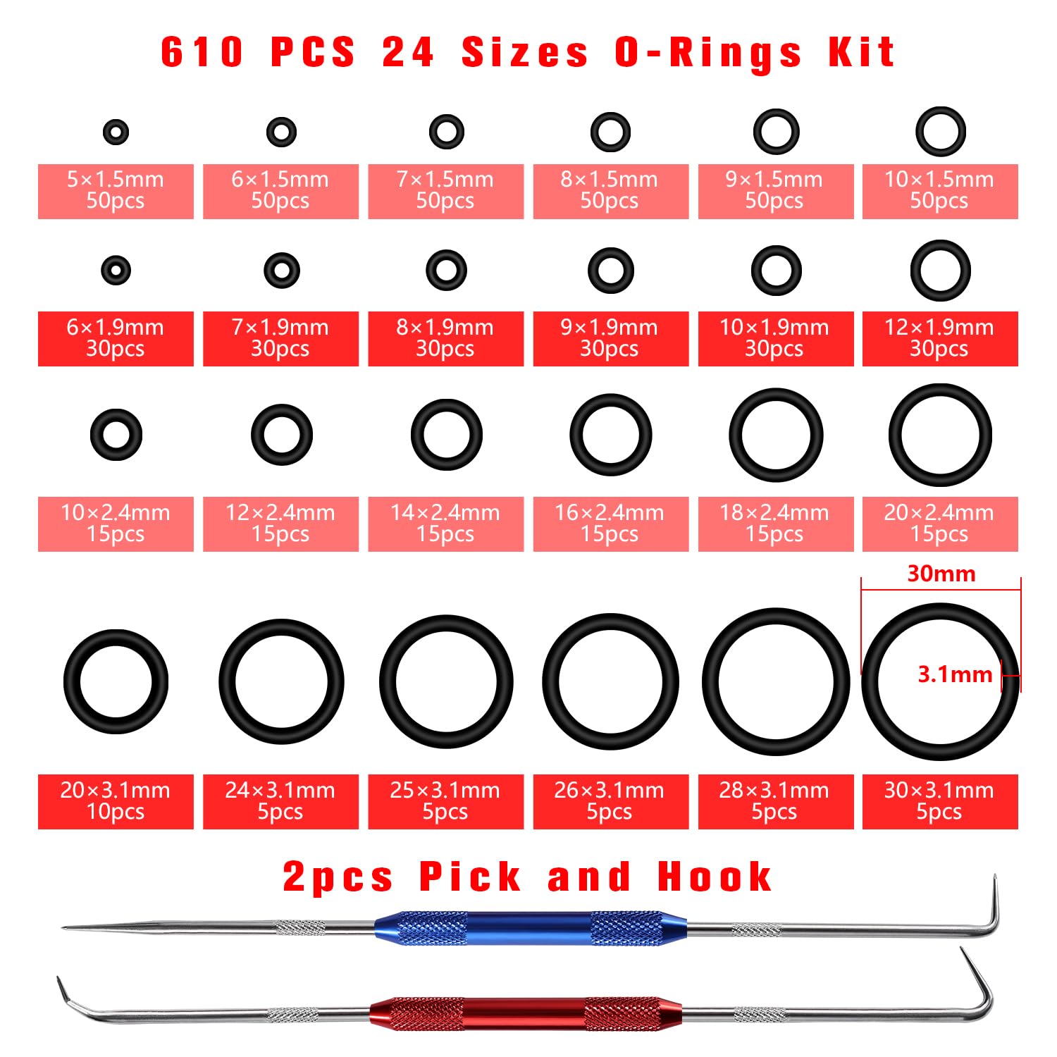 YIXISI 610 PCS 24 Sizes Black O-Rings Assortment Kit, Nitrile Rubber Metric O-Rings, with Double Headed Pick and Hook - Image 2