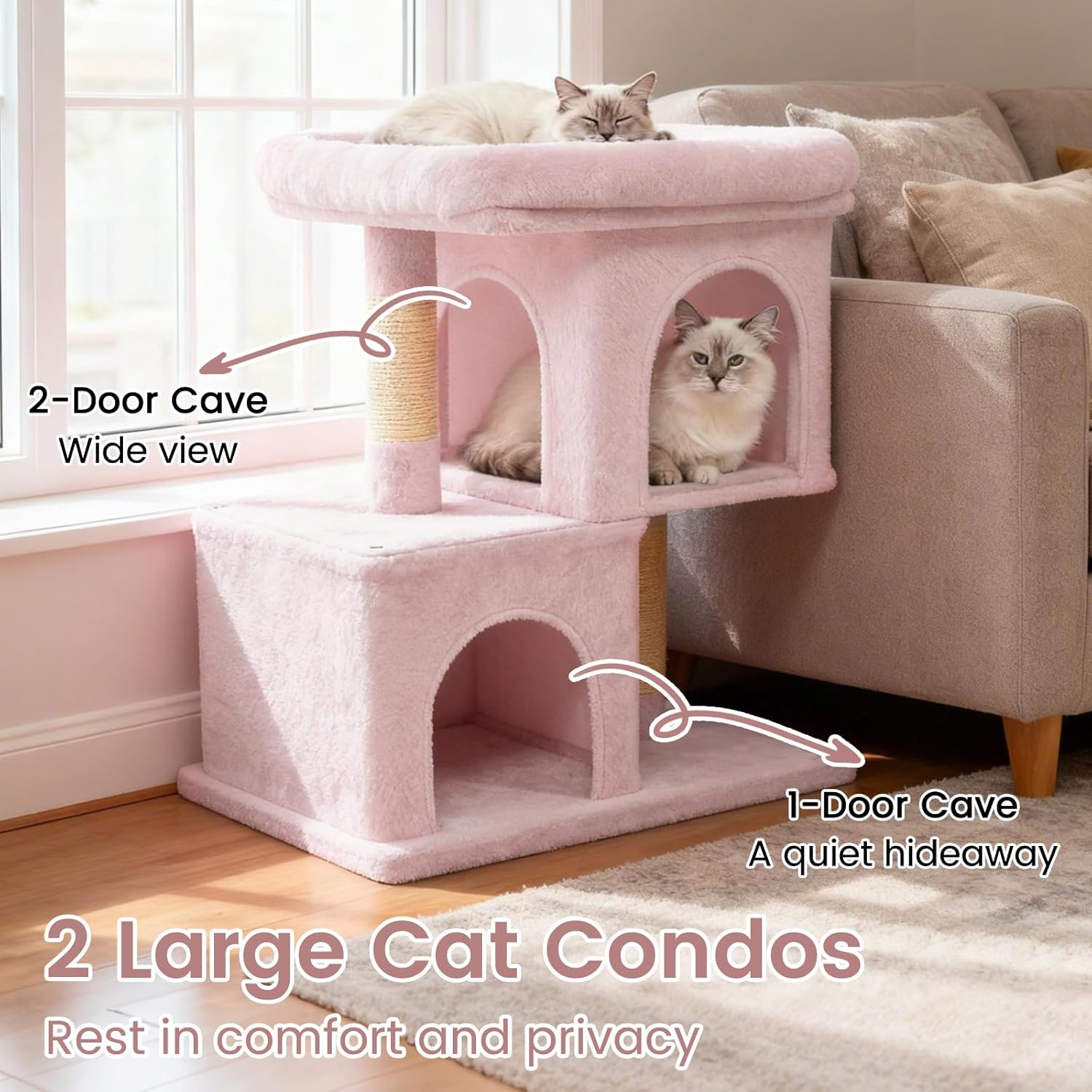 Tangkula Small Cat Tree for Indoor Cats, 25.5 Inch Cat Tower with Sisal Scratching Posts, 2 Large Cat Condos with Padded Top Perch, Modern Cat Climbing Furniture for Adult Cats & Kittens (Pink)