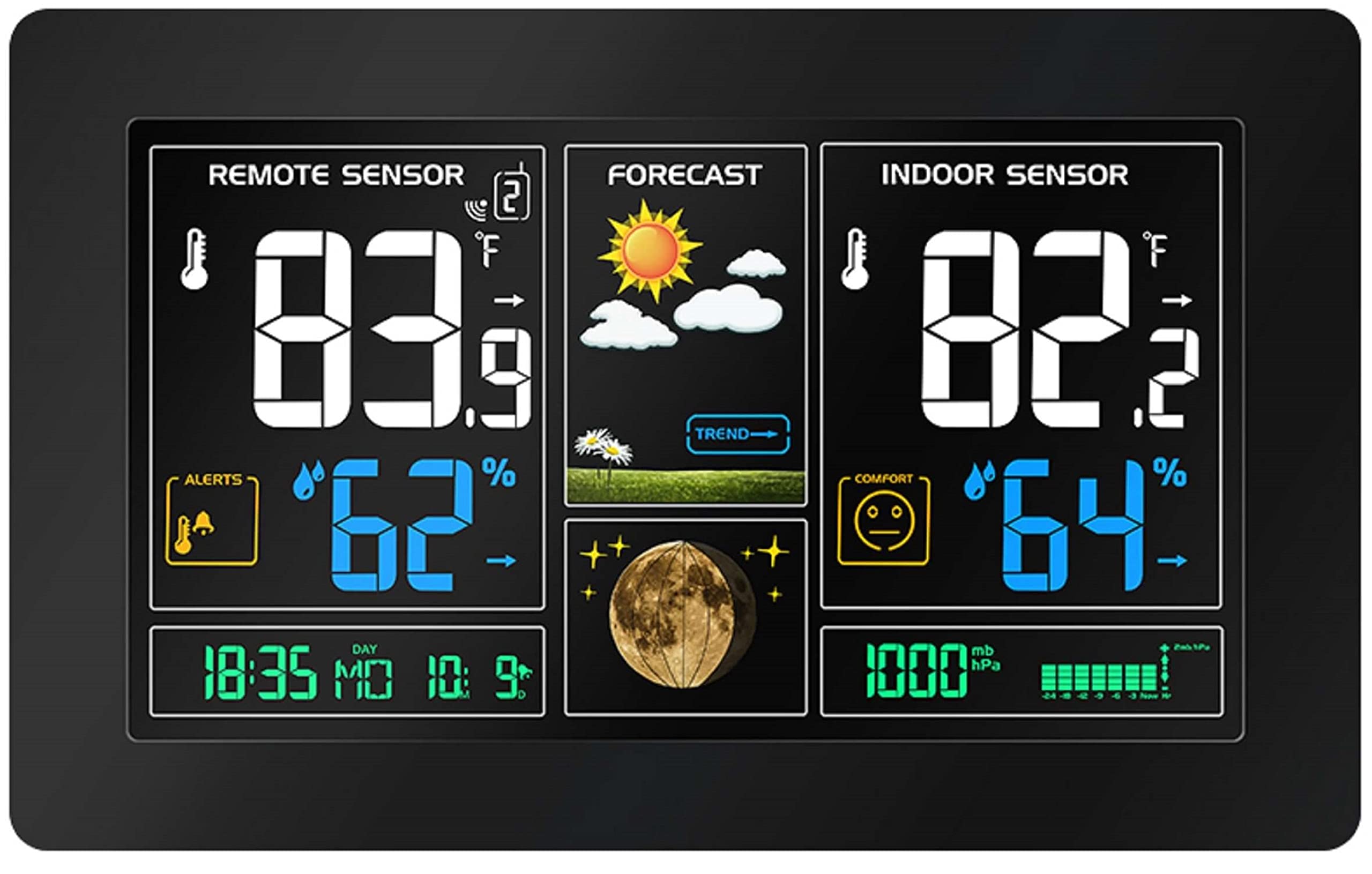 Stazione meteorologica radio | Display a colori | 2 allarmi | Giorni meteorologici con calendario | Visualizzazione della temperatura interna ed esterna | Umidità dell'aria | igrometro | Termometro