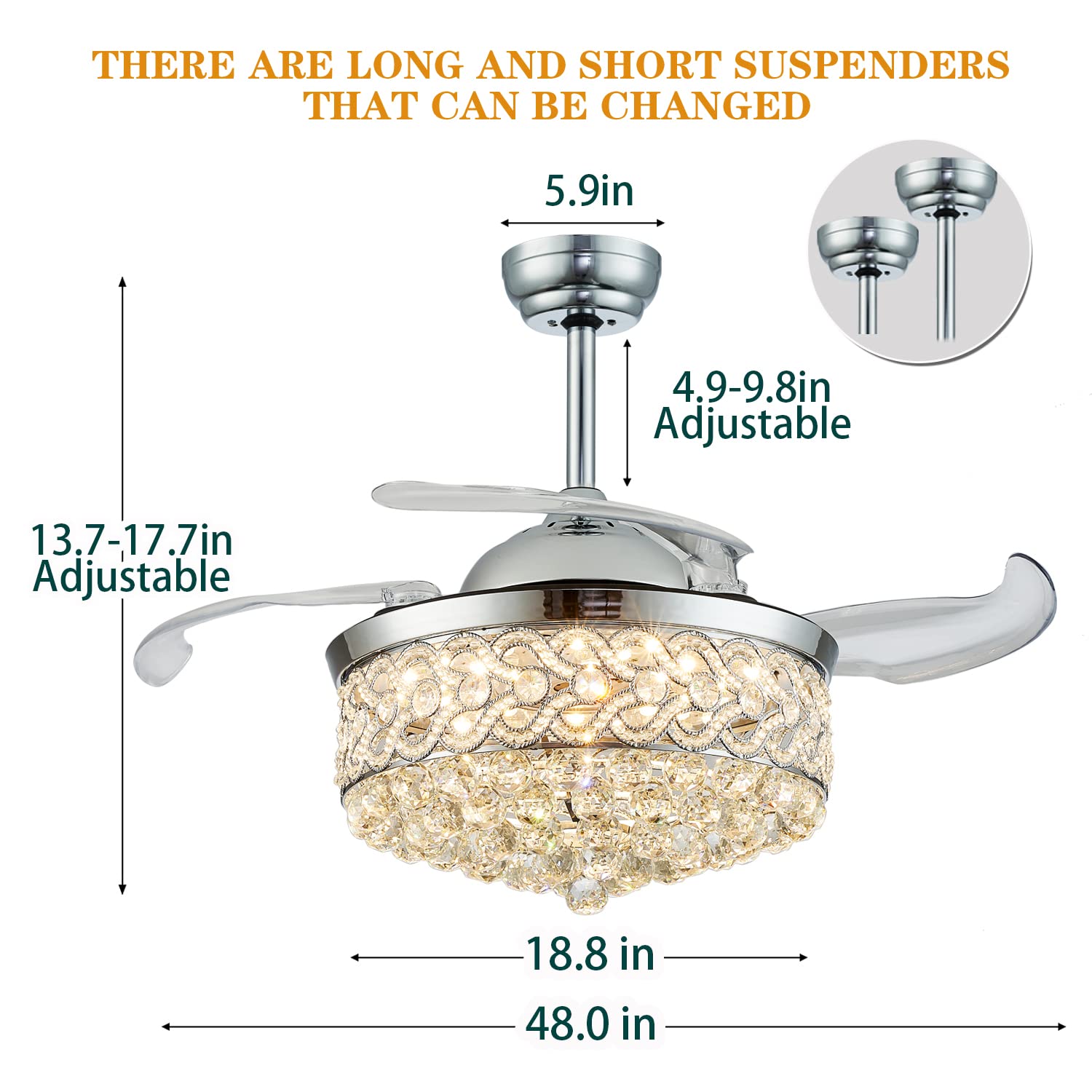 DuMaiWay 48" Chandelier Ceiling Fan, Modern Crystal Fandelier Retractable Invisible Blade LED Lighting with with Remote Control for Bedroom Dining Room Living Room 3 Light Change Silver