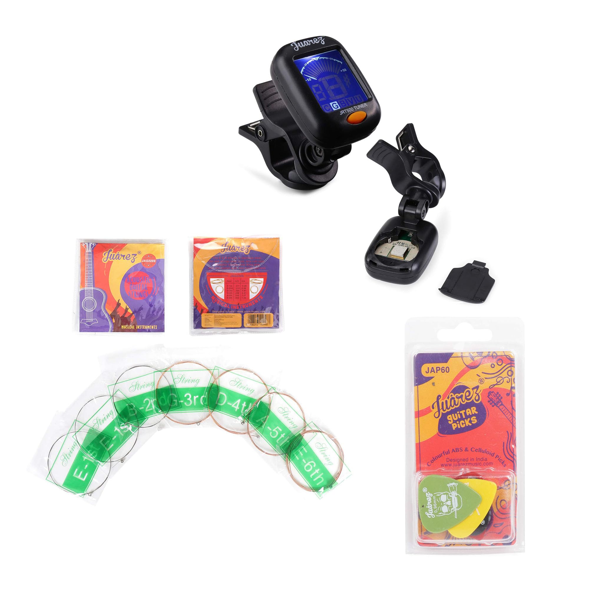 JUAREZ JRT500 Guitar/Ukulele Tuner Combo with 7-Piece Extra Light Phosphor Bronze Acoustic Guitar Strings Set & JAP60 Pick Set (6 Picks, Mixed Thickness, Random Colors)-image-34