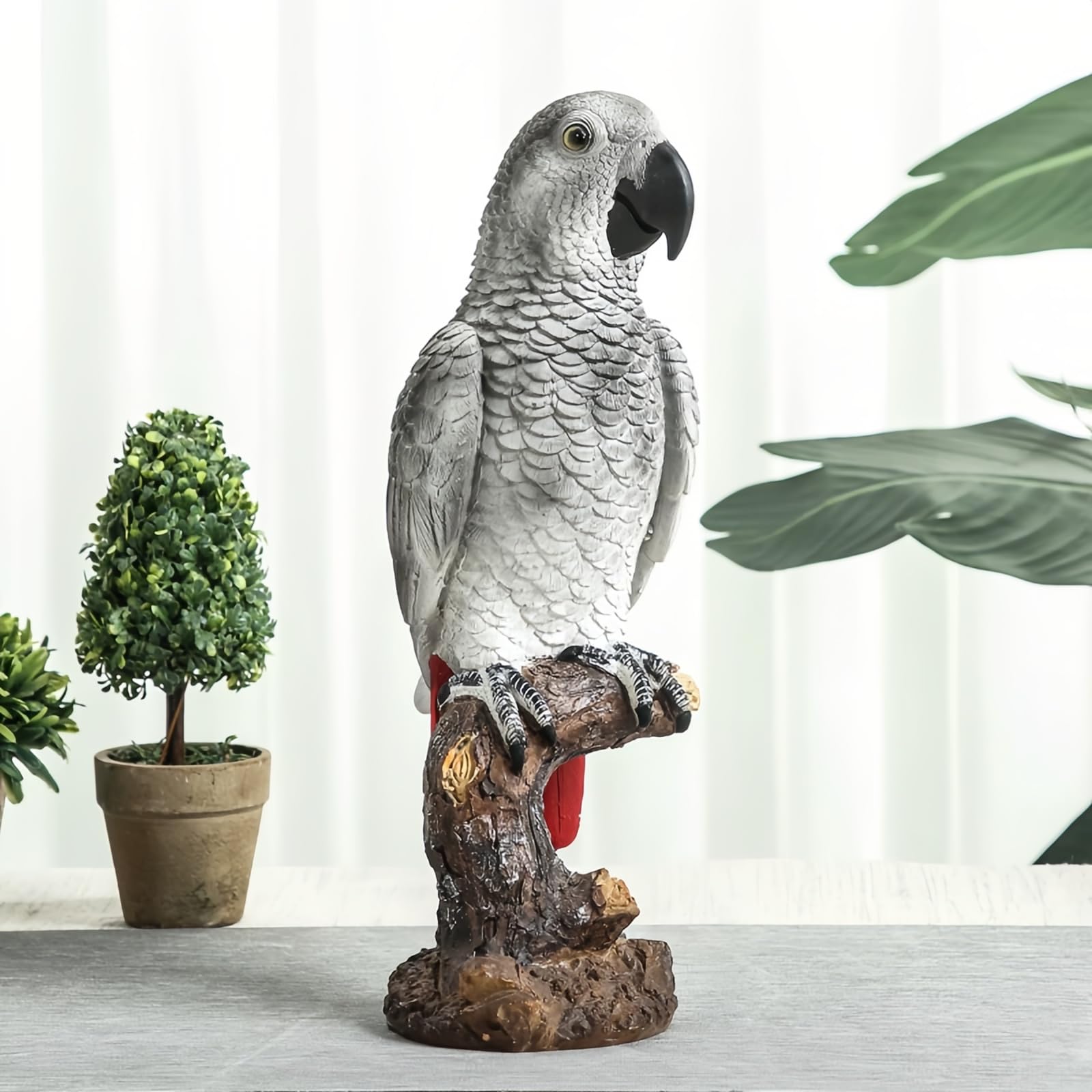 Figura Loro Yaco Gris de Cola Roja 32cm Estatua de Resina Ave