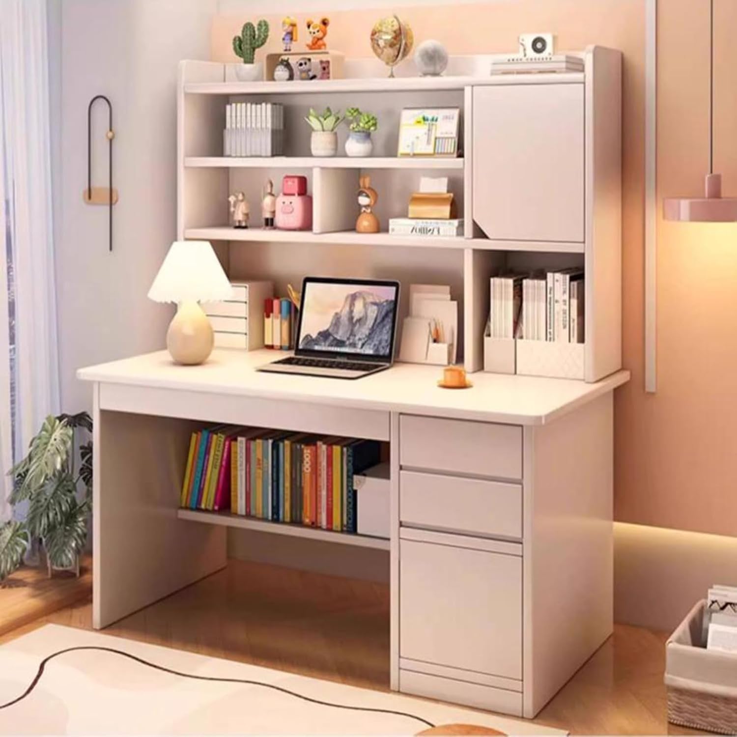 Grand Bureau avec Rangement，Bureau D'étude Simple en Bois Massif avec Bibliothèque Intégrée Bureau Contemporain avec étagère Et Bahut Facile à Assembler