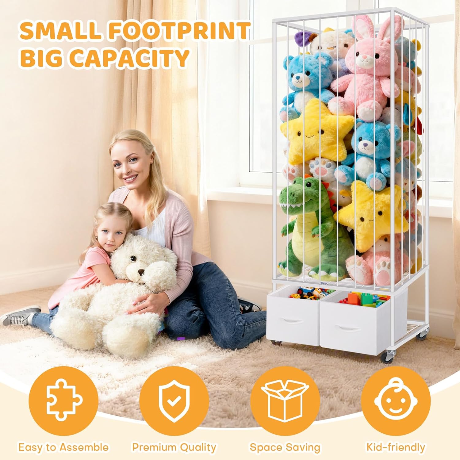 Stuffed Animal Storage - Large Stuffed Animal Zoo Holder with 2 Toy Bins - Plushies Storage with Elastic Band - Metal Plush Toy Organizer Brake Wheels Perfect for Toddler Rooms Playrooms Bedroom - Image 3