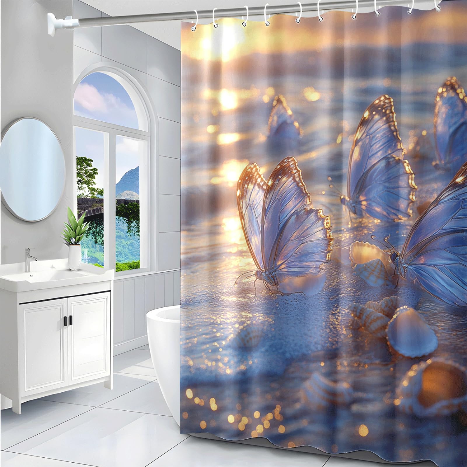 Cortina de Ducha Mariposa De Playa Púrpura Cortina Baño Antimoho Impermeable Tela Poliéster Lavable para Familiar Bañera Dormitorio Hotel Reutilizable Cortinas Ducha (180x220cm)