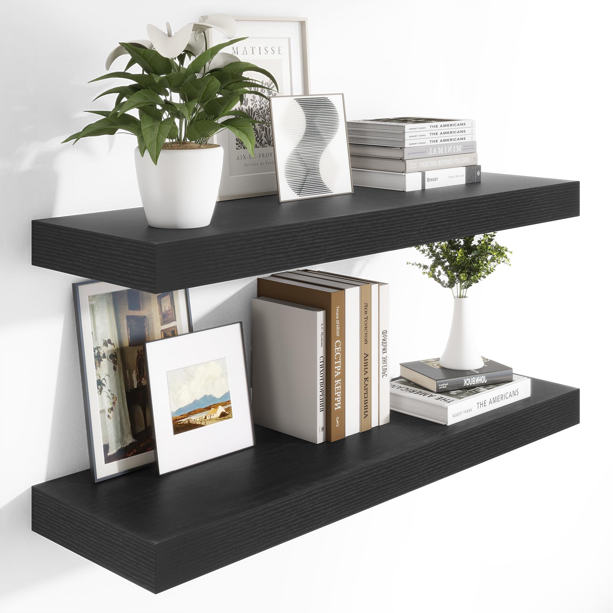 12 Inch Deep Floating Shelves, 48 x 12 inches Long Wall Shelf, Large Display Shelf & Storage Shelf, Rustic Wood Wall Shelves for Fireplace Mantel, Set of 2(Black)