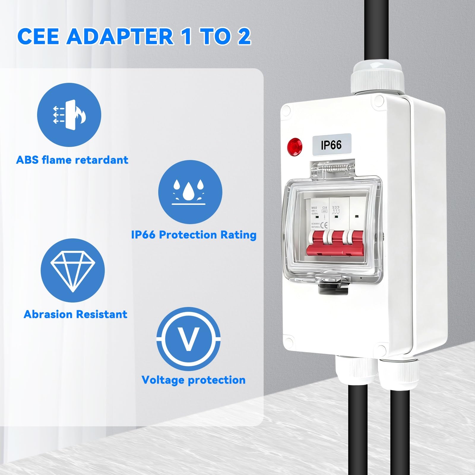 Adattatore da 32 A a 16 A x2 con Interruttore Automatico, 5 poli IP66 Pesante Adattatore 16 A ad alta Corrente e alta Tensione con indicatore LED, per Roulotte, Industria