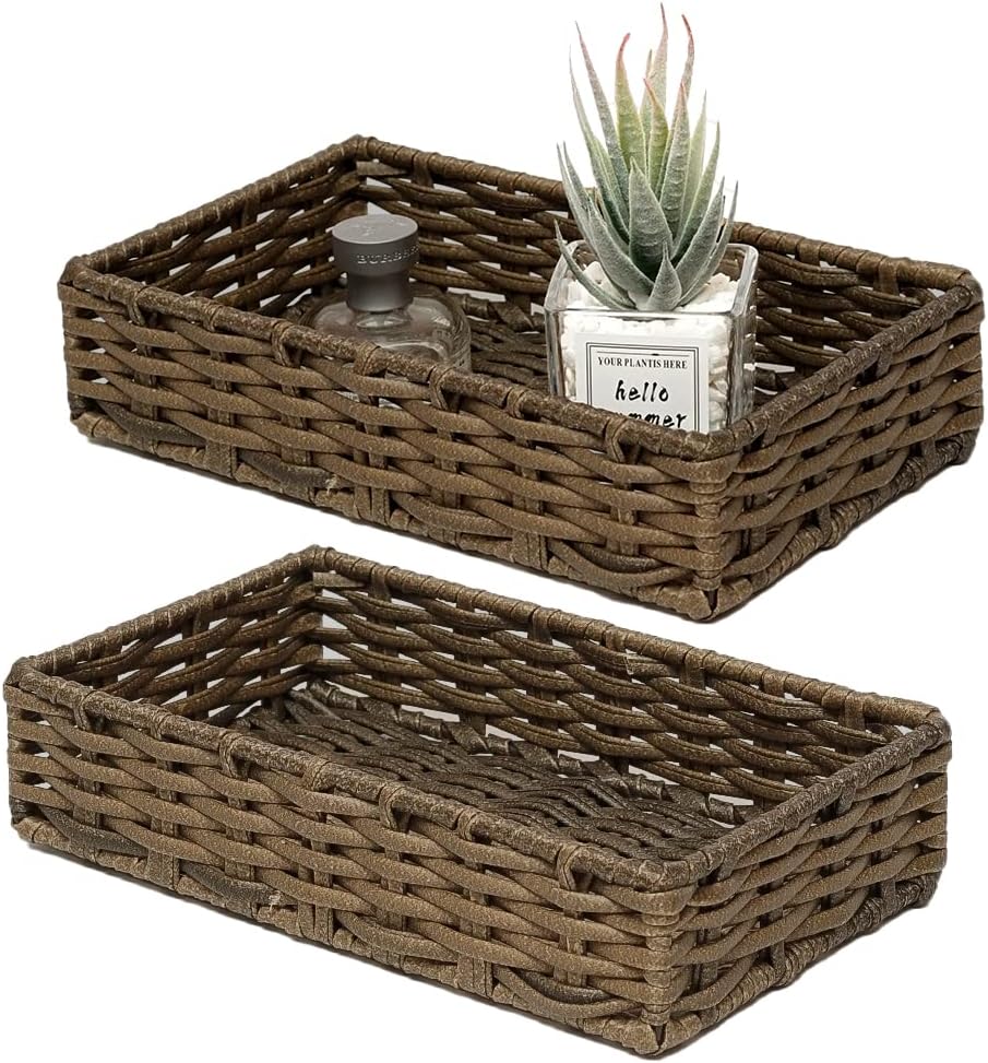 HOSROOME Wicker Bathroom Storage Organizer Tray Toilet Paper Storage Basket for Toilet Tank Top Decorative Wicker Toilet Tank Tray for Paper Hand Towel Bread Baskets for Kitchen Organizing-Brown