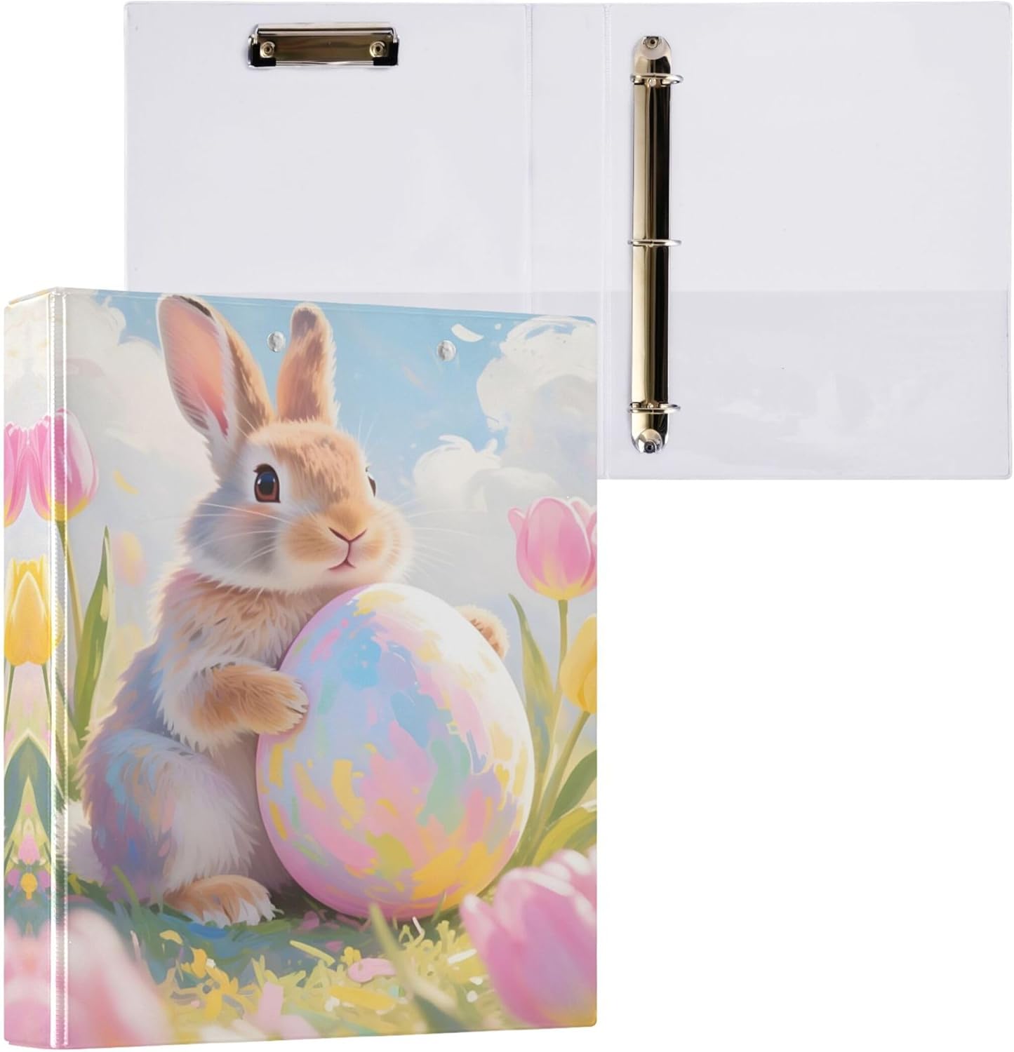 Happy Easter Bunny Eggs 3 Ring Binders, 1.5” Round Ring Binders with Clipboard - Letter Size, 3 Interior PVC Clear Pockets & Anti-Slip Clip for Office School Supplies, 2PCS