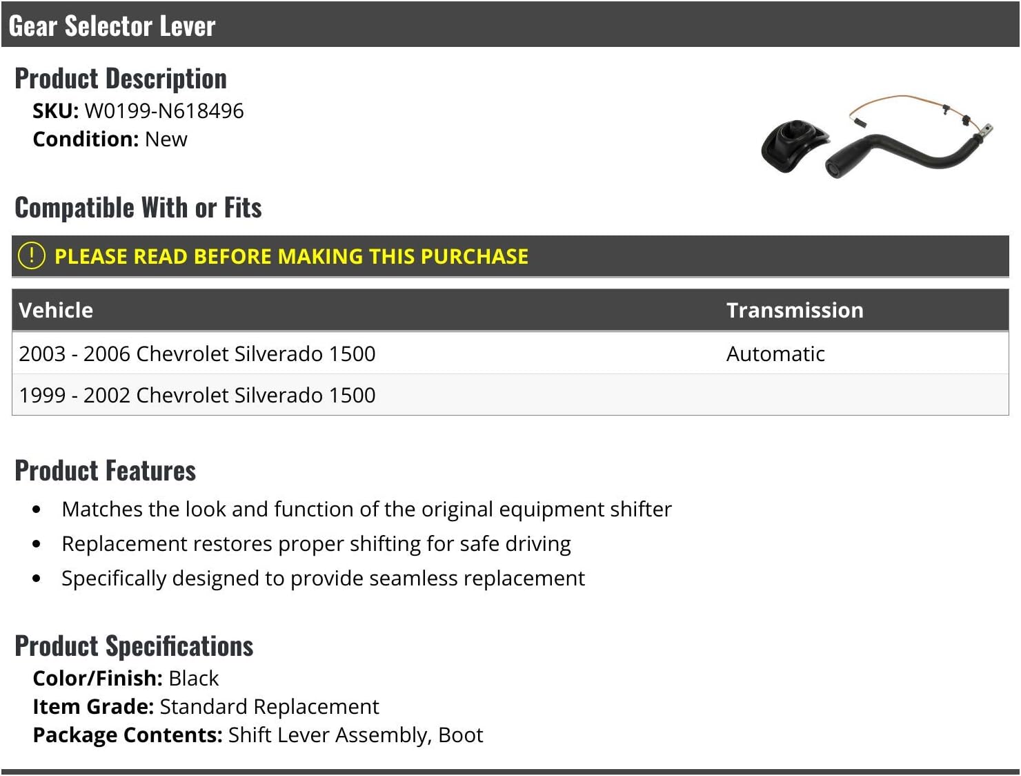 Marketplace Auto Parts Gear Selector Lever - Compatible with 1999-2006 Chevy Silverado 1500