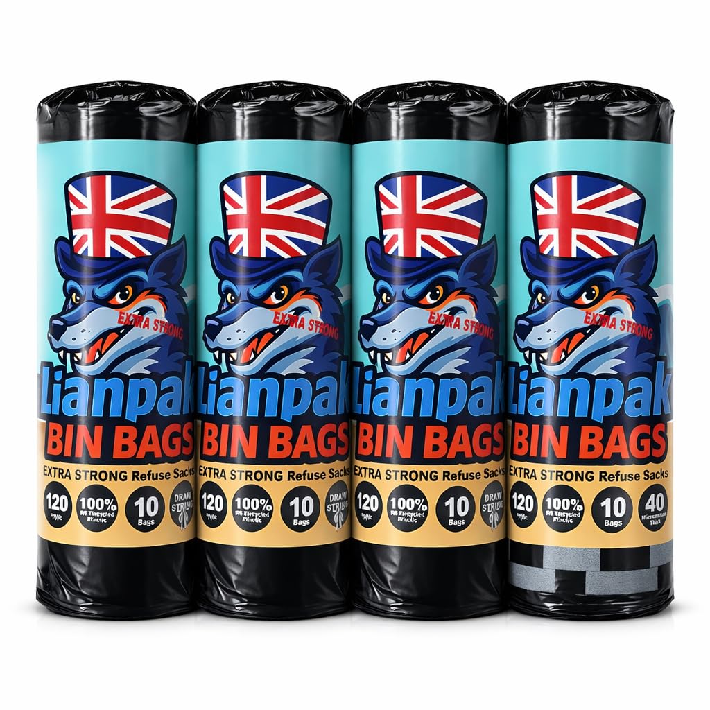 Lianpak 120L Heavy Duty Drawstring Bin Bags – 40 Micron Extra Strong Refuse Sacks, Made from 100% UK Recycled Plastic, Tear & Leak Resistant Large Black Rubbish Bags 4 Rolls (Total 40 Bags)