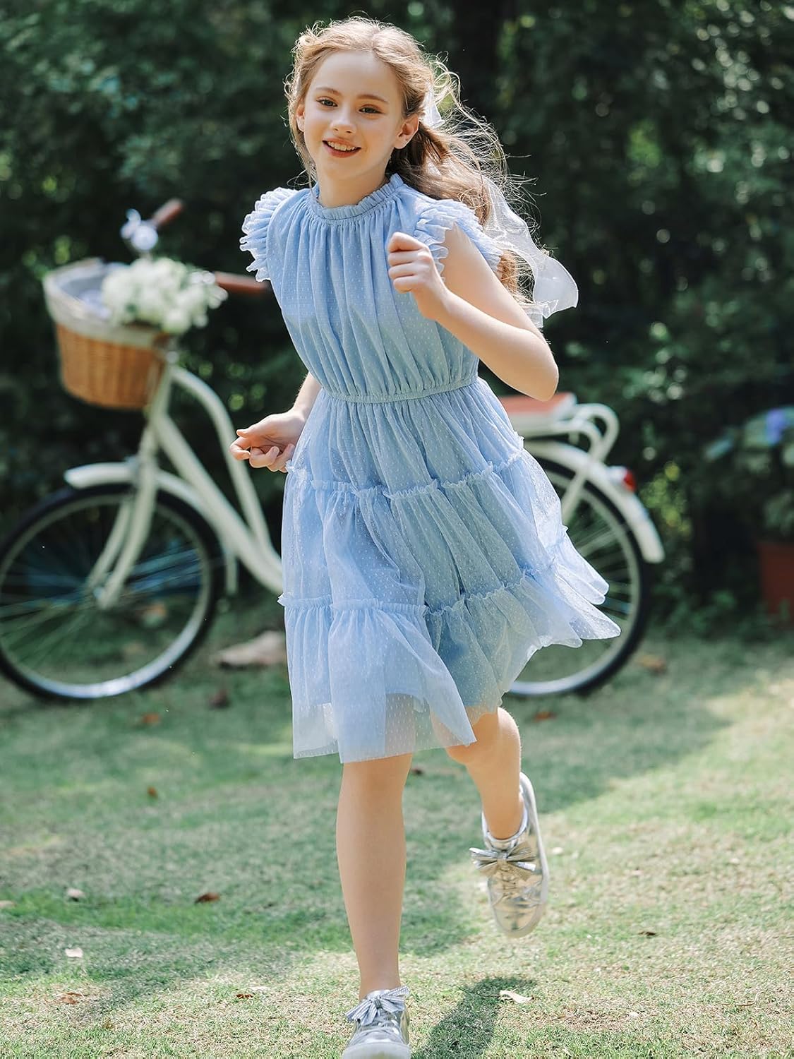 Quedoris Girls Tulle Dress Elastic Neck and Waist Three Layers Ruffle Sleeve Tiered Skirt Party Casual Dress - Image 4