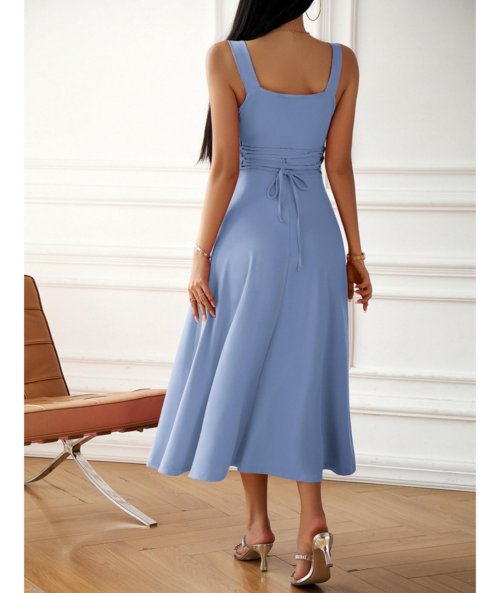 xxxiticat Mujer Elegante Vestido Midi 2024 Casual Sin Mangas Cuello Cuadrado Línea A Vestido de Cóctel Fiesta