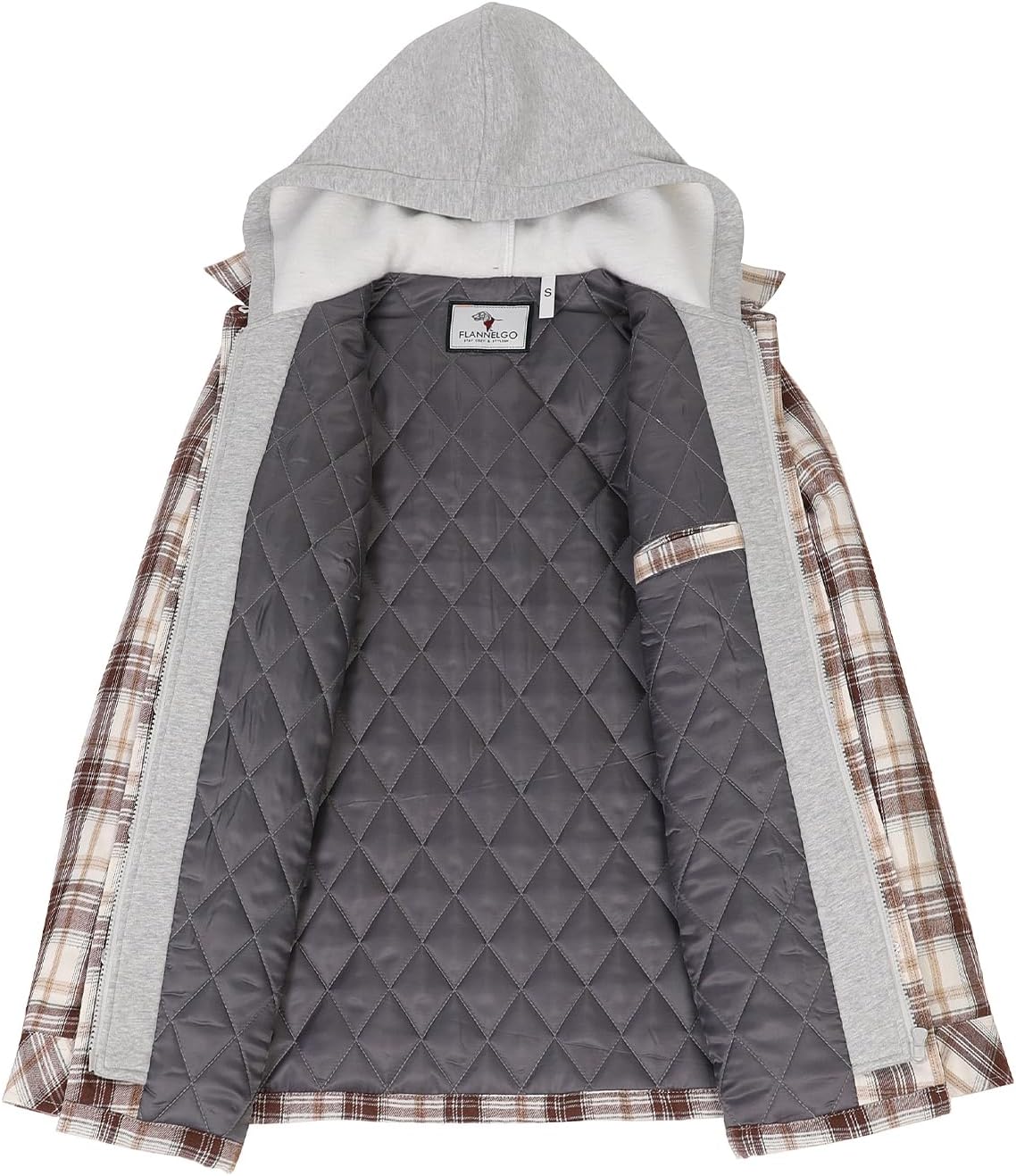ThCreasa Women's Winter Shacket Quilted Lined Flannel Jacket with Hood & Multi-Pocket Design, Full Zip Plaid Coat