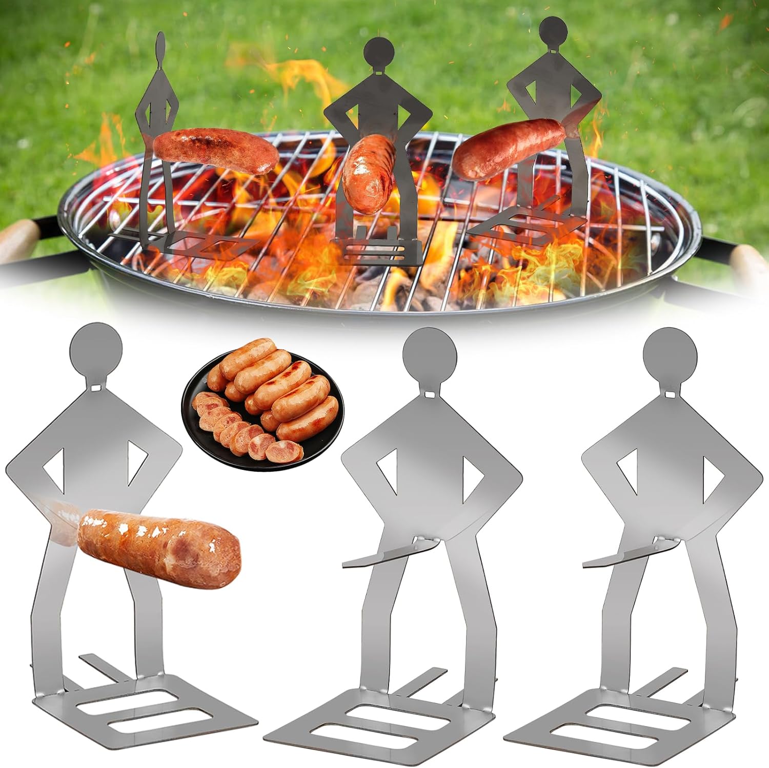 3 strumenti divertenti per barbecue: forchetta, supporto per salsicce in acciaio inossidabile, accessori per grigliare all'aperto