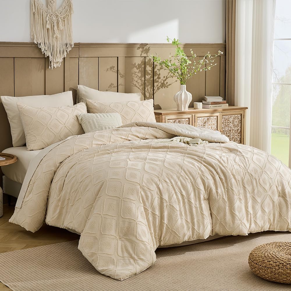 7 Pieces Boho Comforter Set Queen Beige, Boho Bohemian Embroidery Jacquard Tufts Queen Bedding Set for All Season,Tufted Bedding Set with Sheets