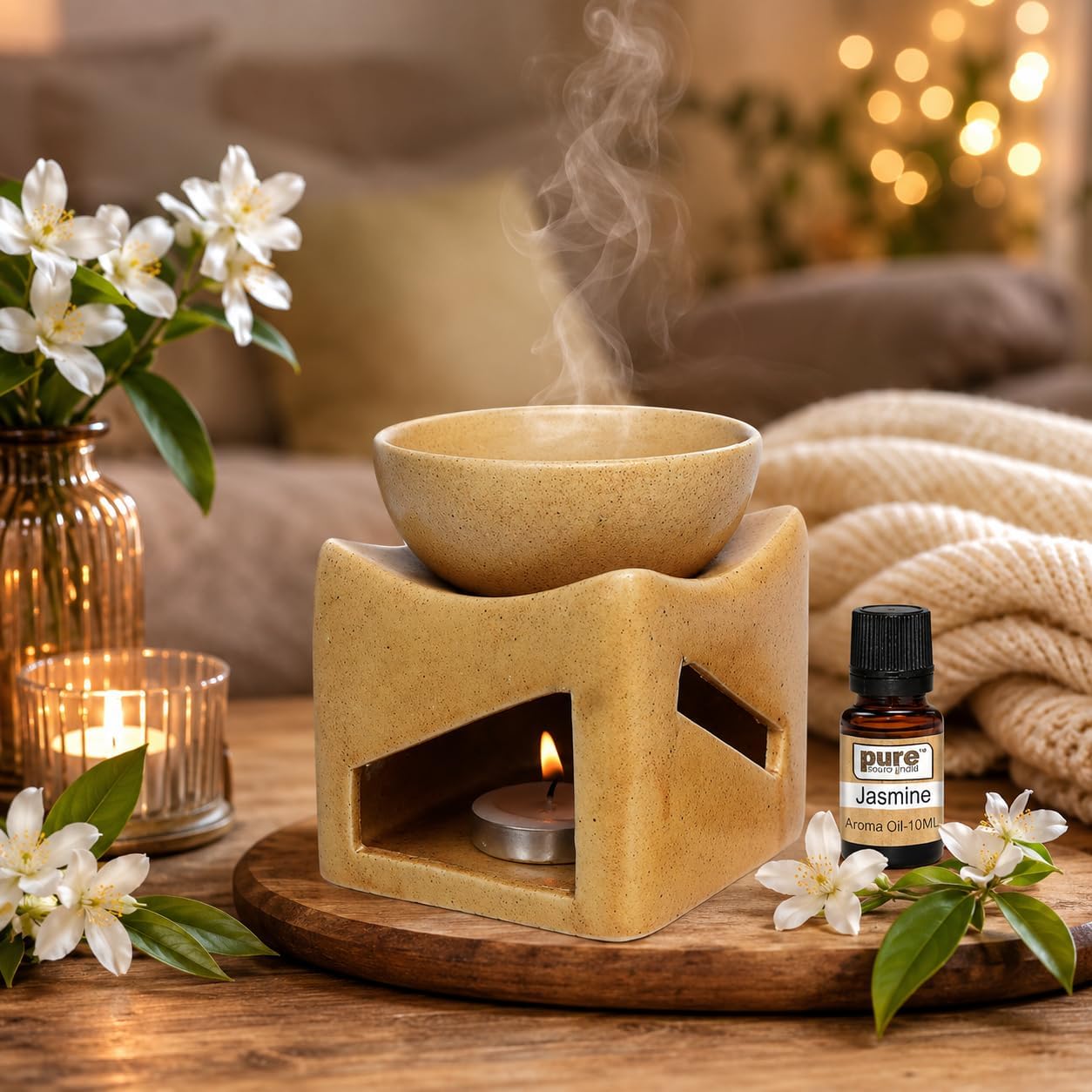 Pure Source India Ceramic Clay Candle Operated Aroma Burner Oil Diffuser, Extra Large Bowl, with 1 Tealight, 4 Inch, (Brown Dotted)