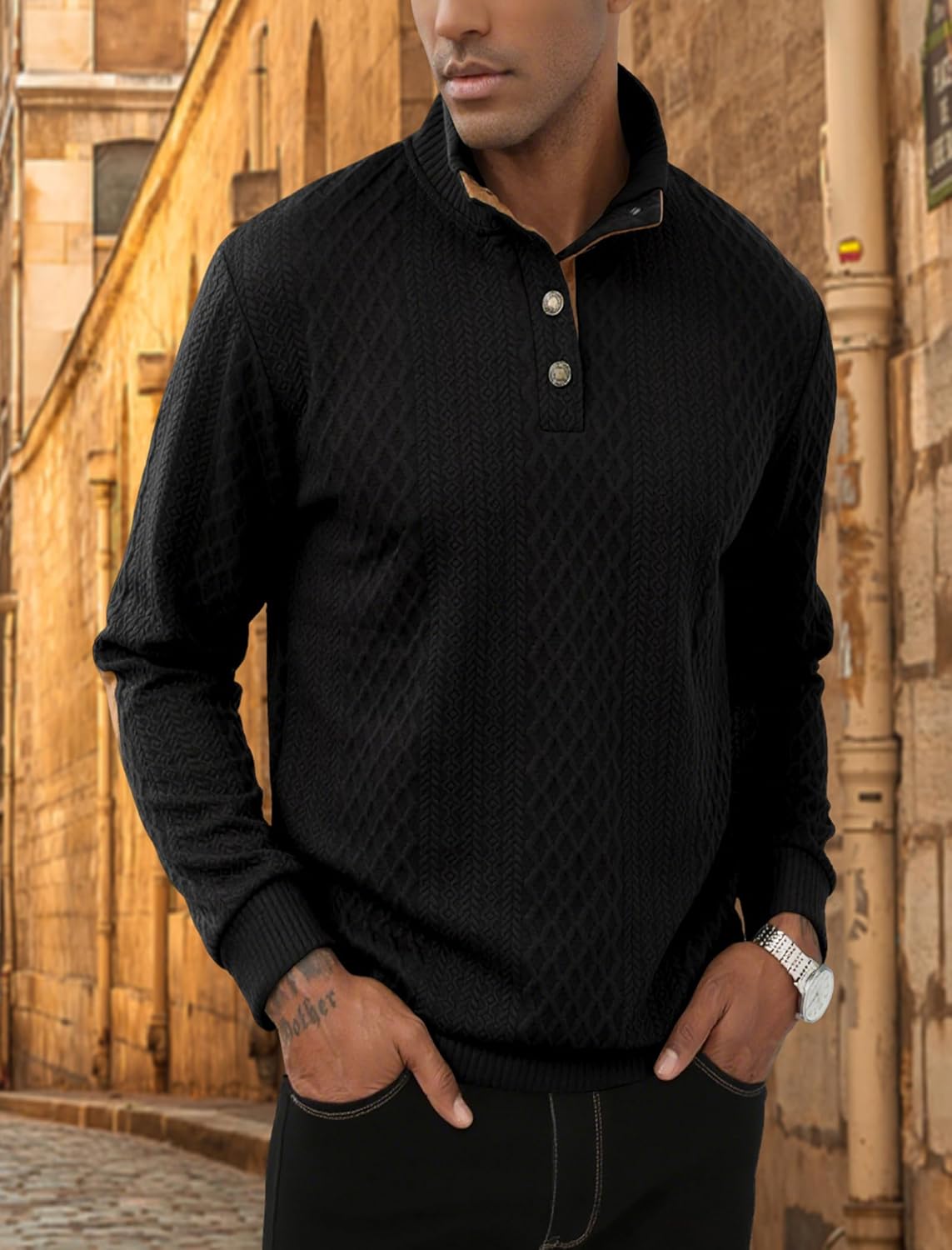 Lexiart Mens Casual Knitted Pullover Sweater Long Sleeve Stand Collar Vintage Button Sweaters with Elbow Patches - Image 2